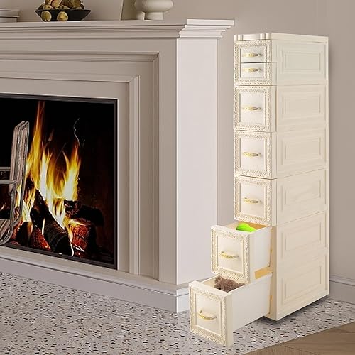 Miniatura 5 de Armario de almacenamiento de 6 niveles con 7 cajones, soporte de torre angosto y rodante, organizador de almacenamiento de plástico delgado con