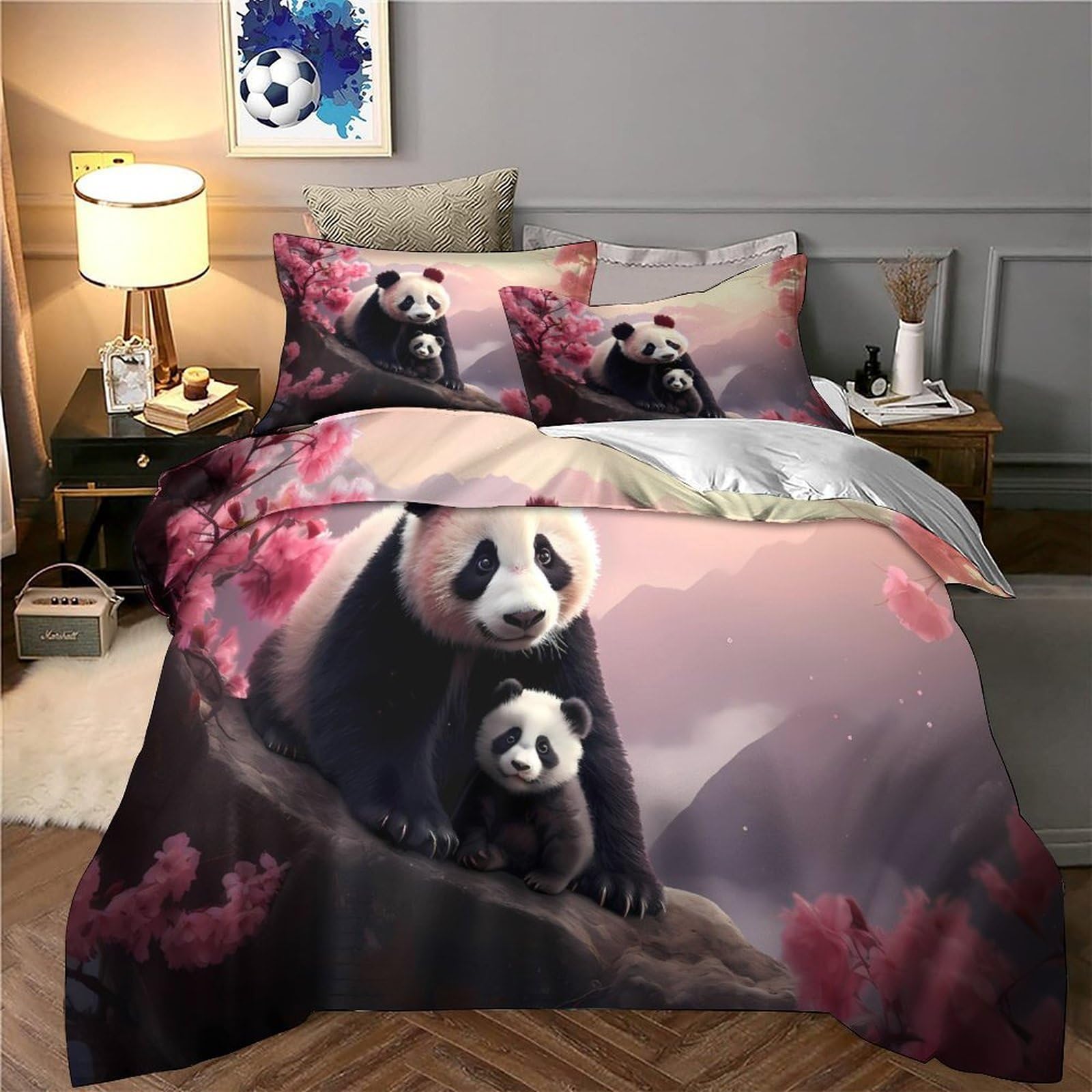 Panda-Pärchen Bettbezug 3 Teilig Mikrofaser Reißverschluss Hautfreundlich Bettdeckenbezug 3D Gedruckt Weich Kuschelig mit Kissenbezug Schlafkomfort for Teen Jungen & Fans King（220x240cm）