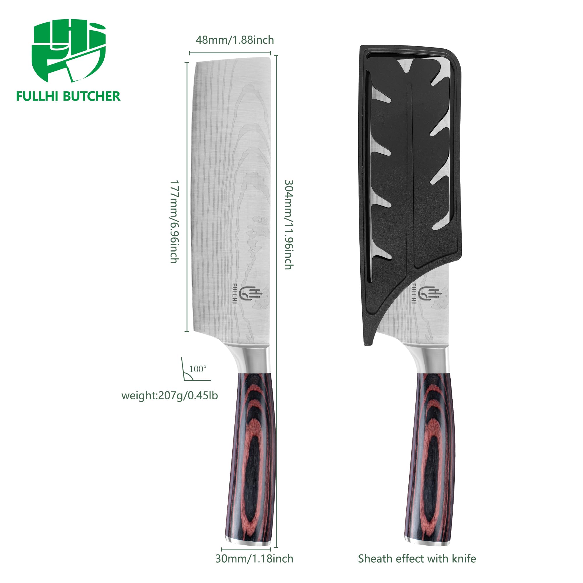 FULLHI Cuchillo Nakiri, Multi Color 7inch Cuchillo Japonés con funda, Acero Inoxidable Cuchillo Cocina Carne Verdura con Guarda (Madera Café)