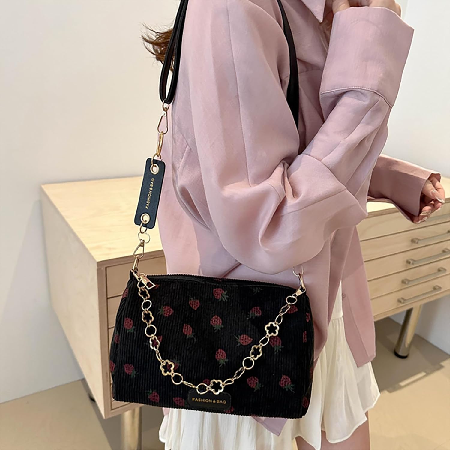 Cute Crossbody Bag for Women Strawberry Purse Corduroy Tote Bag Fashion Chain Aesthetic Handbags Travel Bags - Image 3