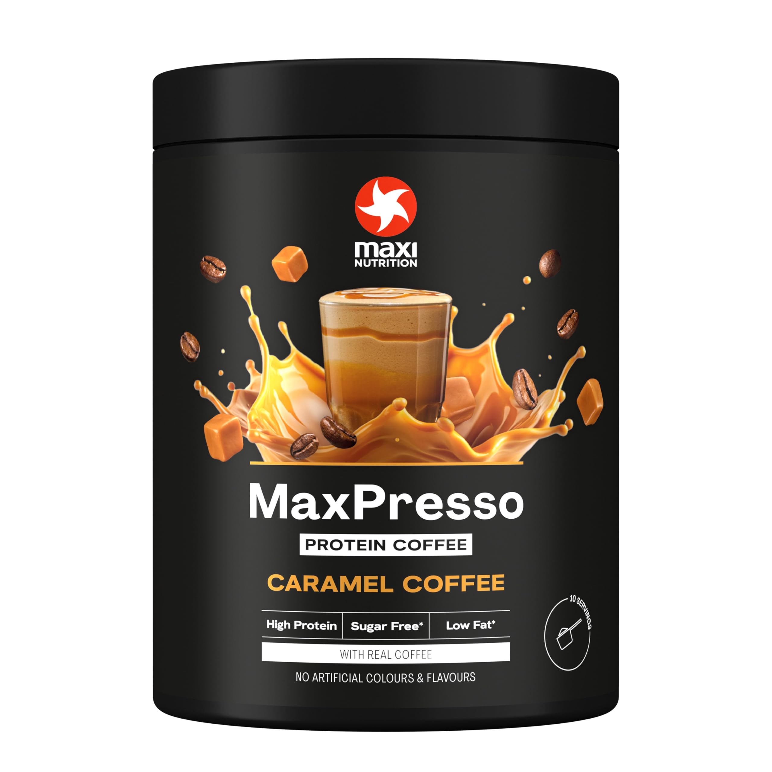 MaxiNutrition MaxPresso Caramel 300g, Protein Kaffee, Whey Coffee Pulver, 21g Eiweiß pro Portion, Zuckerfrei & fettarm, Warm & kalt genießbar