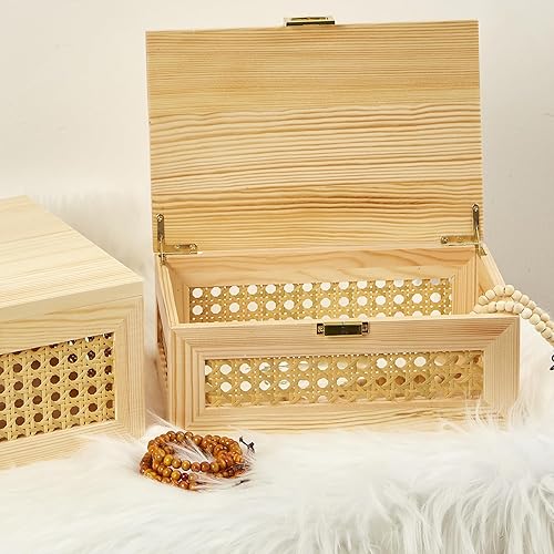 Miniatura 4 de Cajas de almacenamiento decorativas de ratán macizo, cestas tejidas de madera maciza con tapa, caja de joyería de memoria para recuerdo, estante