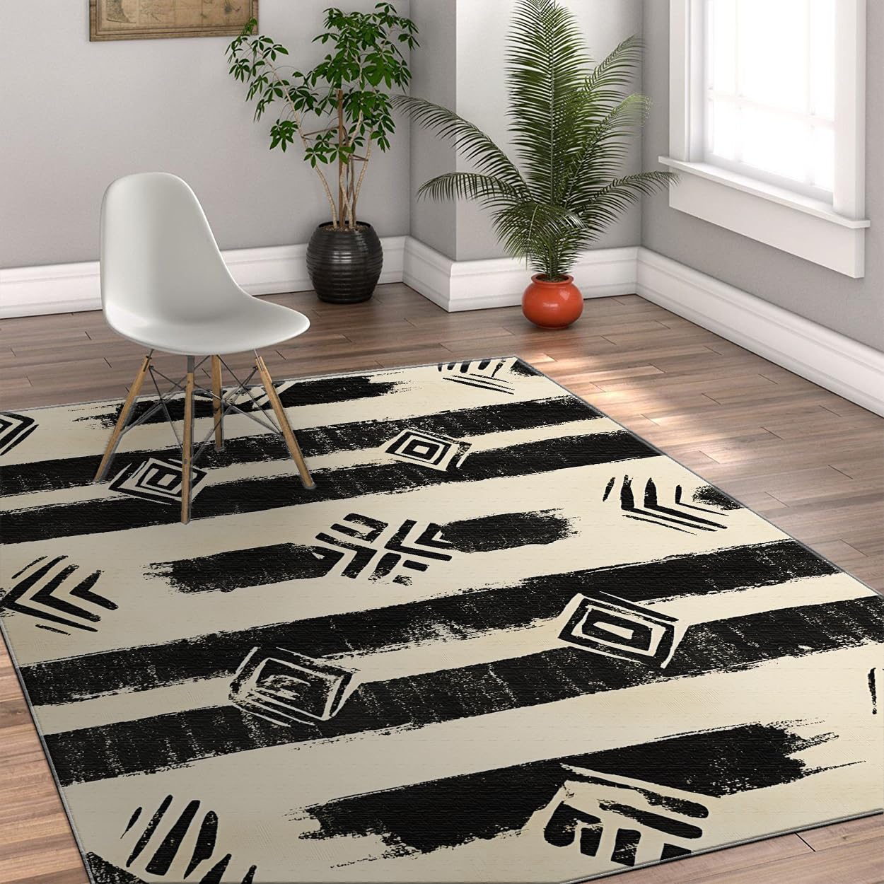Tapis Noir Blanc 200x300 Tapis pour Le Salon antidérapant Lavable rayés rétro pour Zones très fréquentées géométrie Abstraite Moquette bohème Douce pour Chambre Bureau étude Salle Manger