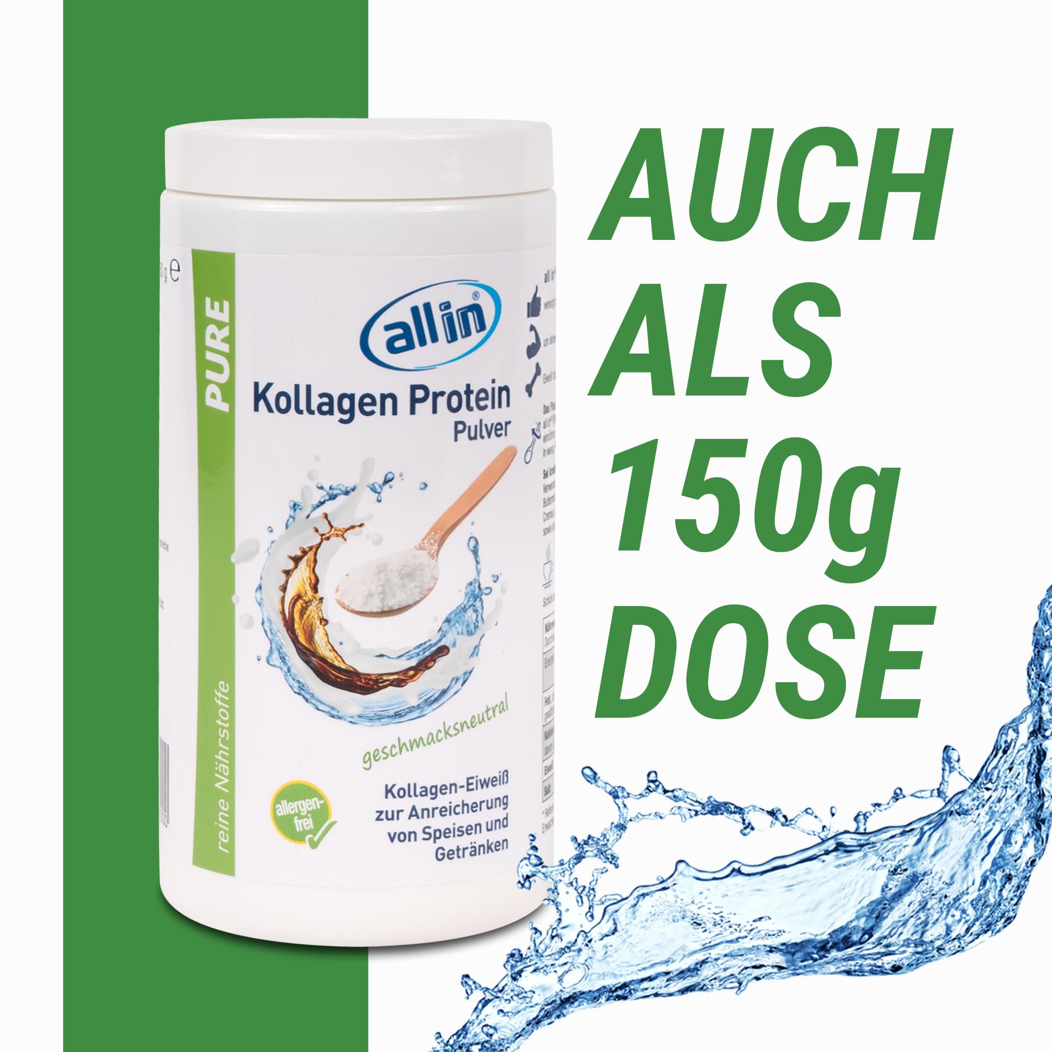 all in® PURE reines Kollagen Protein Pulver 100 x 5g Stick ohne Kohlenhydrate - Sportnahrung hochwertiges Eiweiß ohne Zusatzstoffe ideal zum Muskelaufbau | Geschmacksneutrales Kollagen Pulver vom Rind