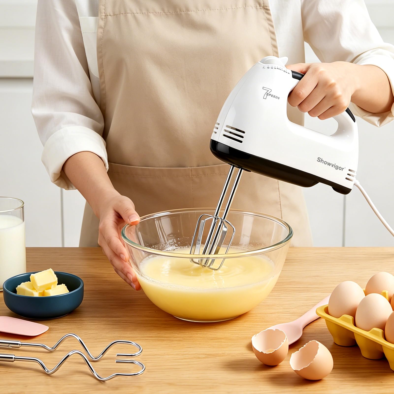 Batteur Electrique Cuisine 300W, 7 Vitesses Réglables | Fouet Electrique Portable avec 1 Fouet 2 Batteurs et 2 Crochets en Acier Inoxydable, Idéal pour Gâteaux Confitures et Crème