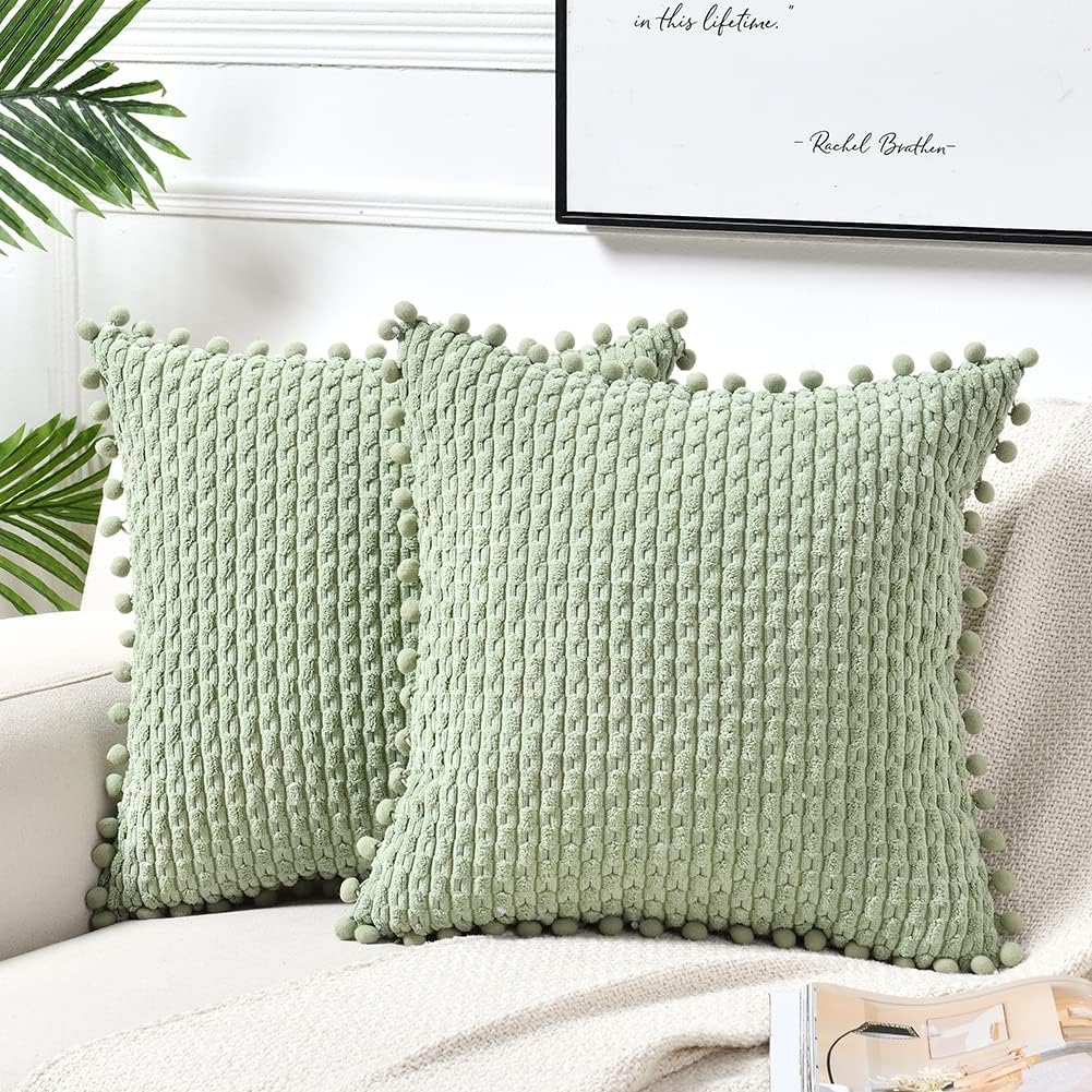 Fancy HomiSet of 2 Sage Green Decorative Throw Pillow Covers 18x18 Inch with Pom-poms for Couch Bed Sofa, Modern Farmhouse Boho Home Decor, Soft Plush Corduroy Cute Cushion Case 45x45 cm
