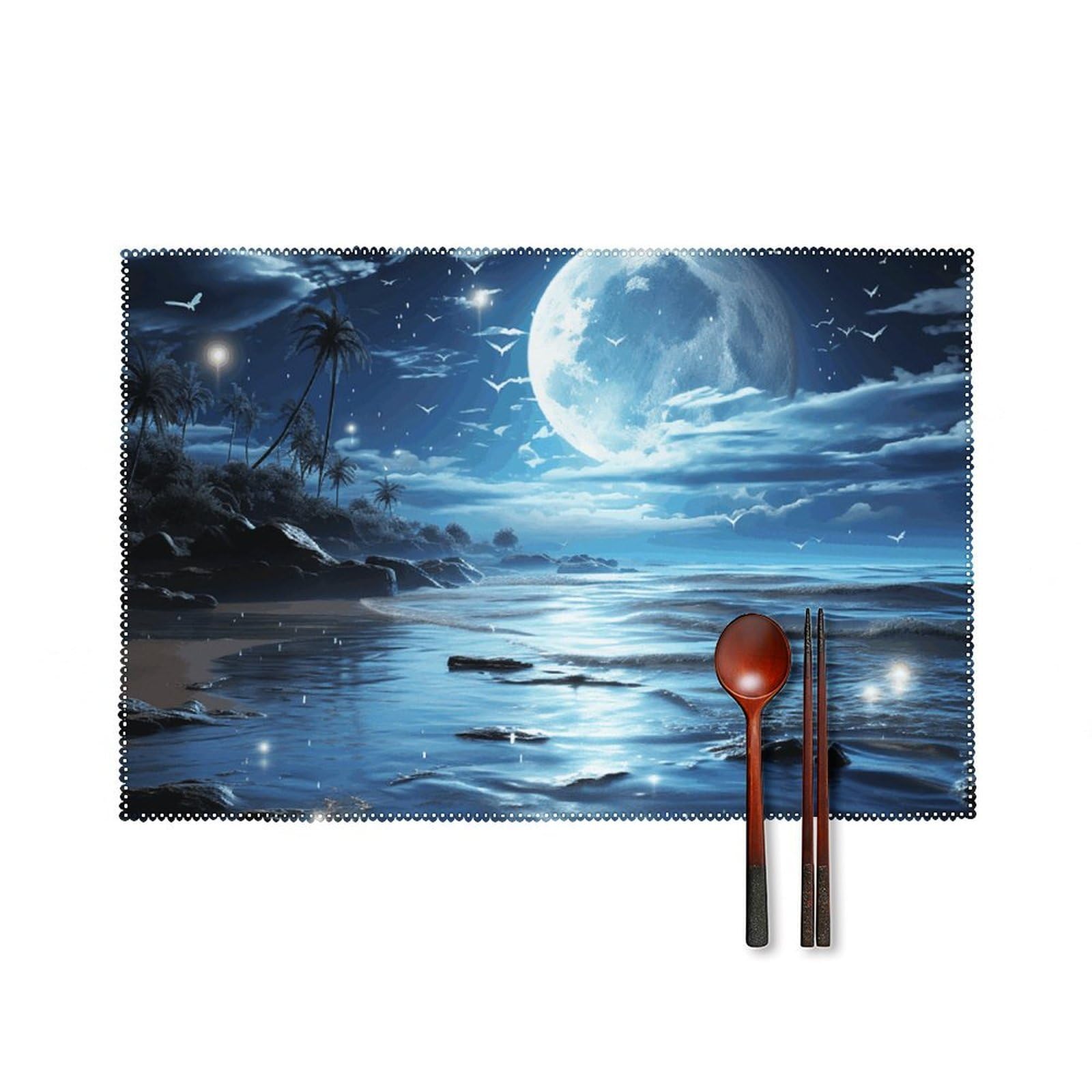 Moon Over Ocean Placemats Set of 6, 12x18 Inch Heat Resistant Washable Canvas Table Mats, Stain Resistant Decorative Dining Placemats for Kitchen, Restaurant, Outdoor Party
