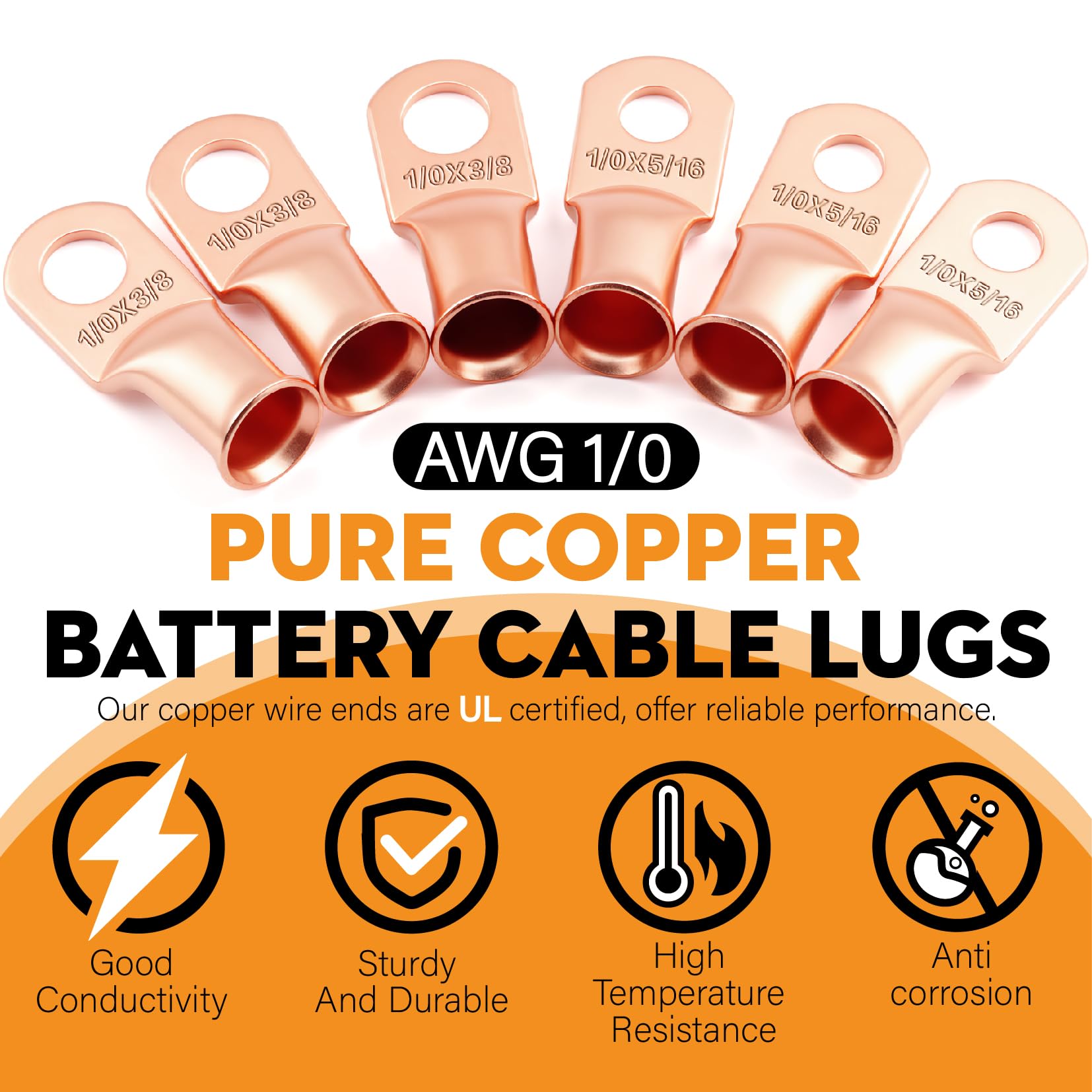 10-Pack 1/0 AWG Copper Ring Terminals With Heat Shrink Tubing – 3/8" M10, 3:1 Ratio, For Battery Cables & DIY Wiring