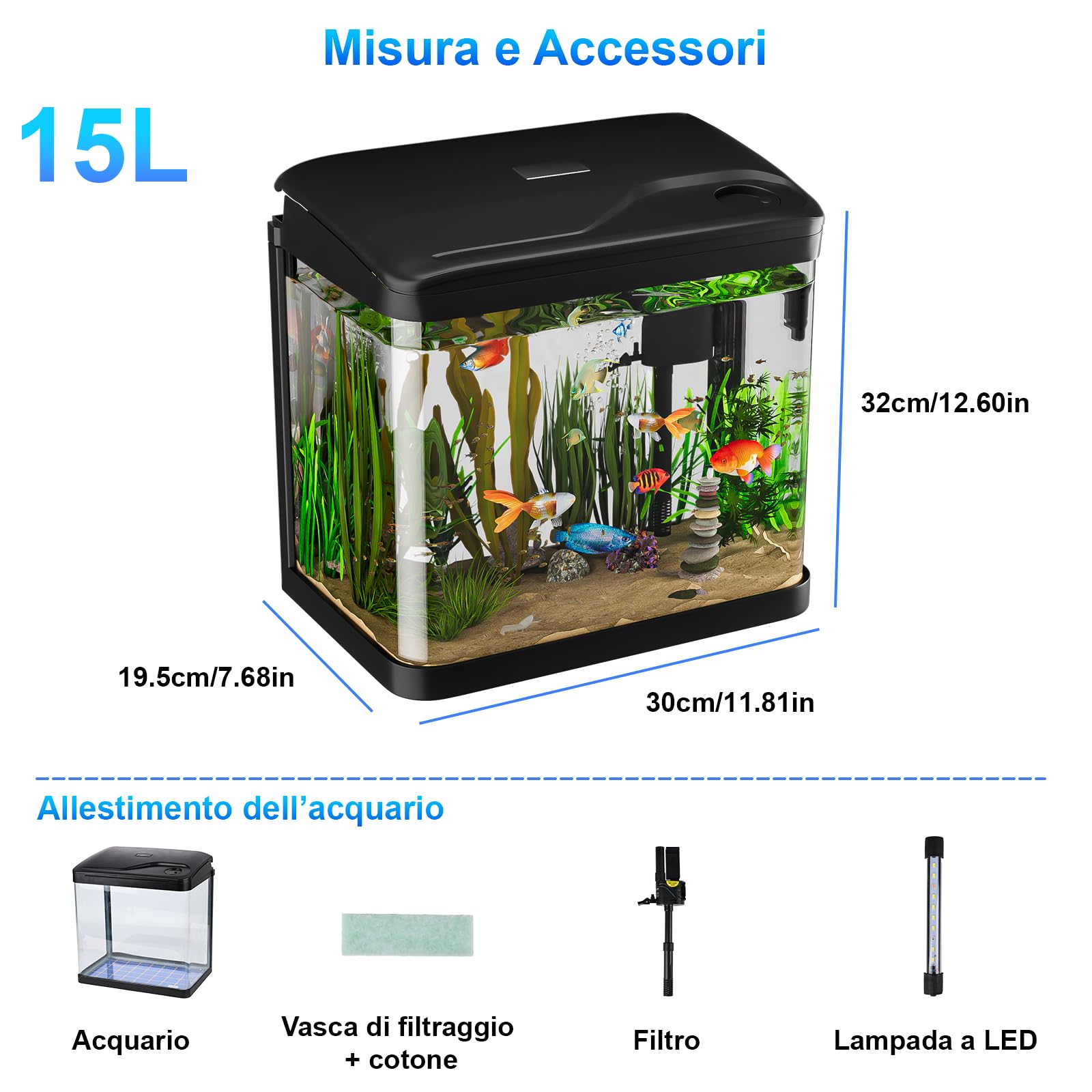 Acquario in Vetro Acquario Completo Acquarios Per Pesci Rossi,con Illuminazione a LED e Sistema di Filtraggio,15 Litri,Nero,Set Per Principianti