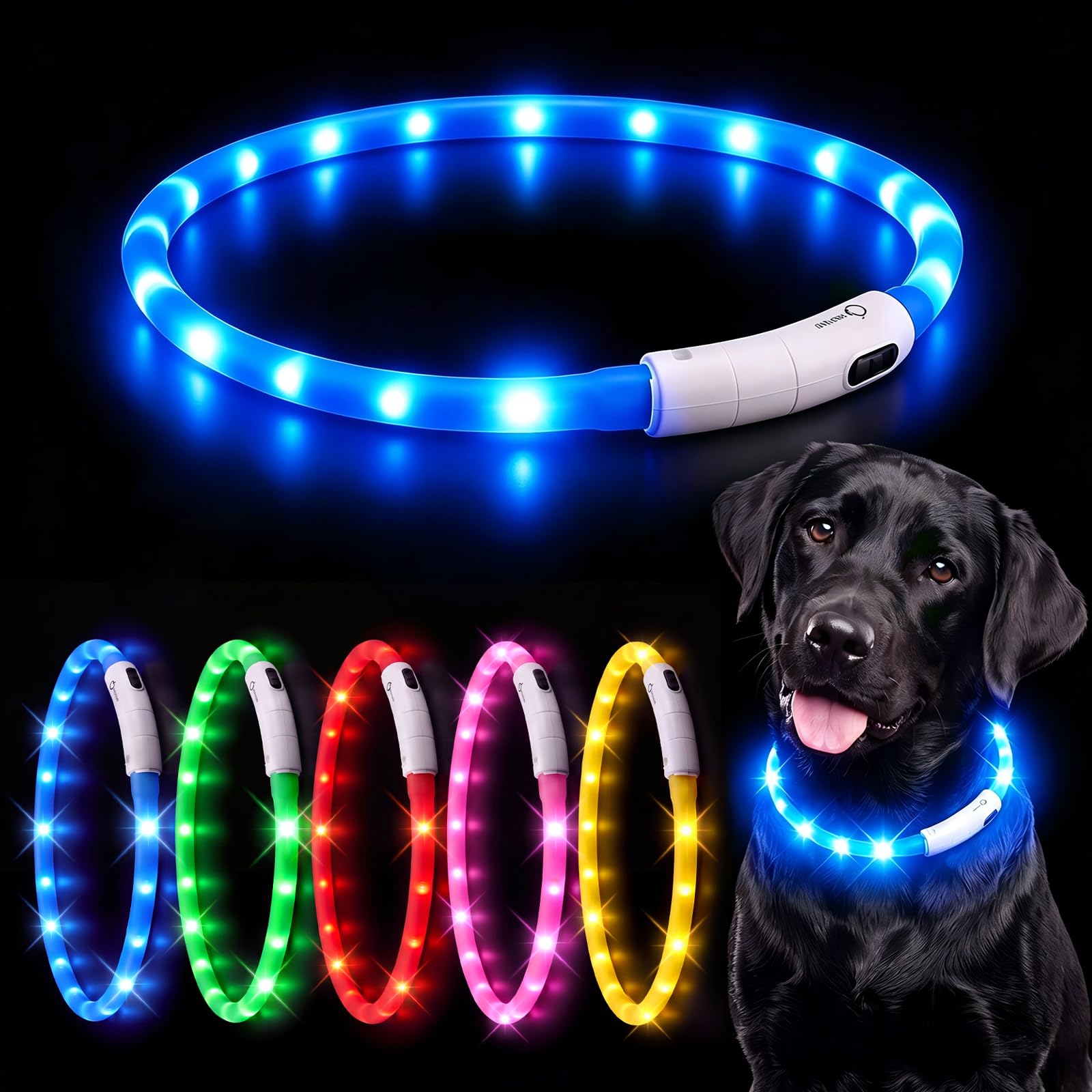 Light Up Dog Collar Rechargeable, LED Dog Glowing Collar Waterproof with 3 Flash Modes for Night Walking Safety, Cut to Fit for Small Medium Large Dogs, 70cm, Blue