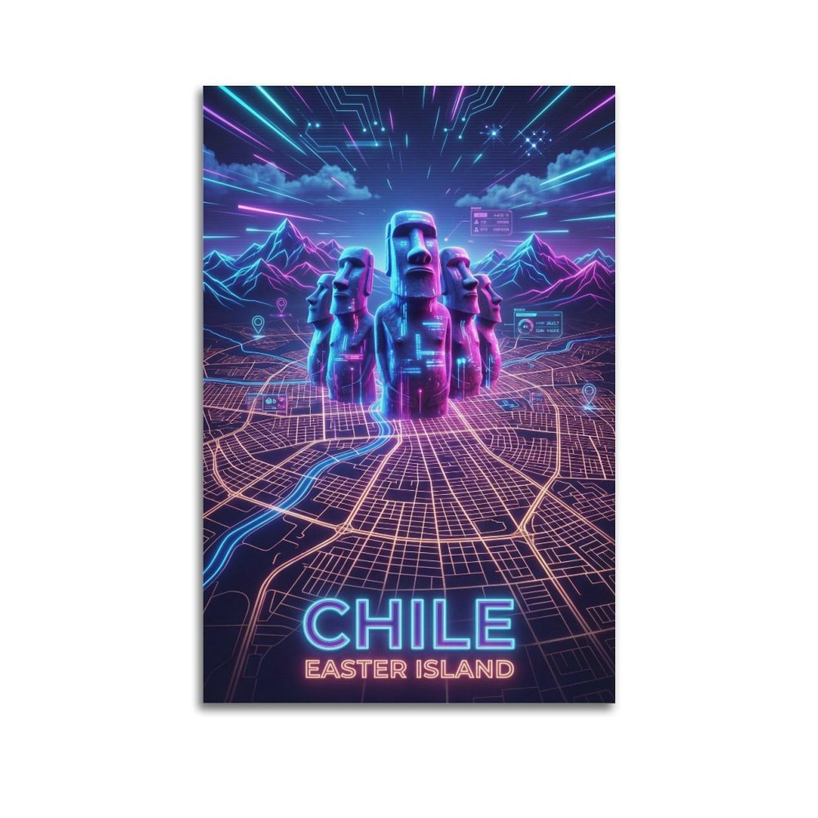 XKUGA Easter Island Chile Travel Poster Moai Statues Neon Modern Decorative Canvas Prints - Ideal Wall Art for Family, Man Cave, Game Room, Boys & Girls Bedroom 24x36inch(60x90cm)