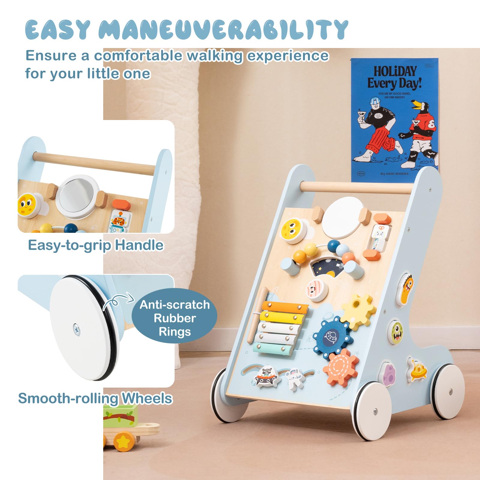 LIFEZEAL Chariot de Marche Bébé en Bois, Trotteur Evolutif 8 en 1 Multifonctionnel, Centre d'activité avec Xylophone en métal, Jouet éducatif, Marcheur pour Bebe 1+ an (bleu)