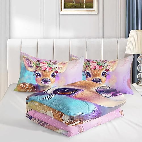 Miniatura 4 de CVHOUSE Juego de ropa de cama rosa lindo con diseño de ciervo para niñas, tamaño individual - Juego de edredón Kawaii de 3 piezas con funda de