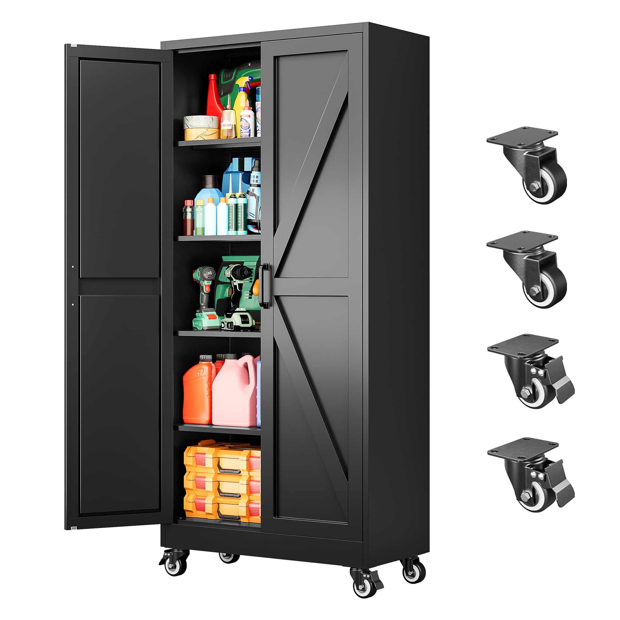 SISESOL Metal Storage Cabinet with Wheels,71 inch Tall Rolling Garage Storage Cabinet,Metal Cabinets with Wheels and Shelves, Deep Heavy Duty Tool Cabinet for Garage,Home,Office,Shop (Black)