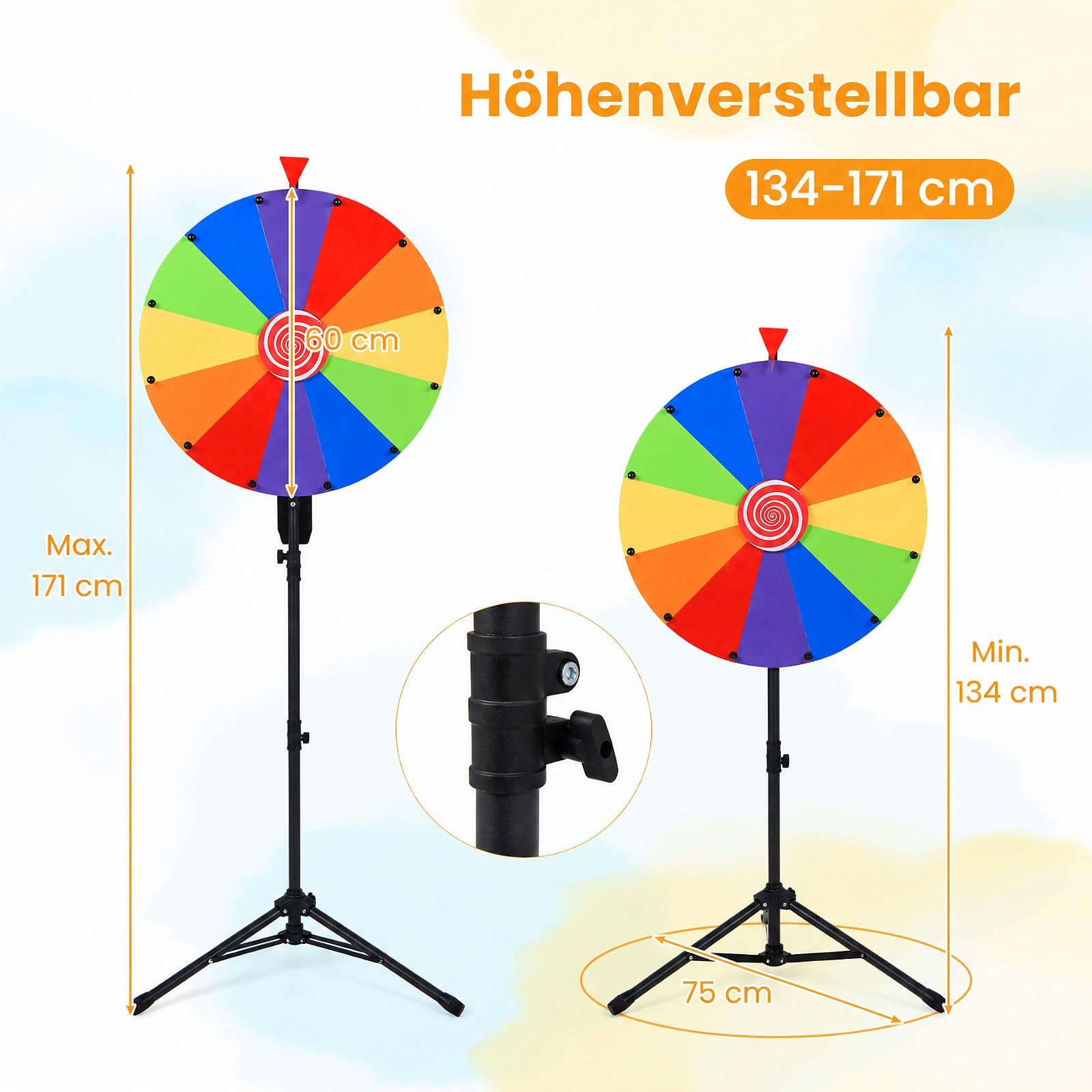 COSTWAY Φ75cm Glücksrad zum Drehen, höhenverstellbar 134–171 cm