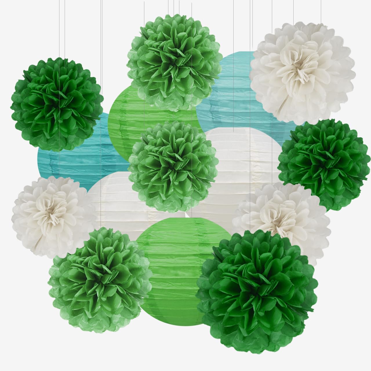 White Green Party Decoration - 15Pcs Tissue Pom Poms Paper Flowers Paper Lanterns Dinosaur Theme Birthday Baby Shower Forest Party Hanging Decor