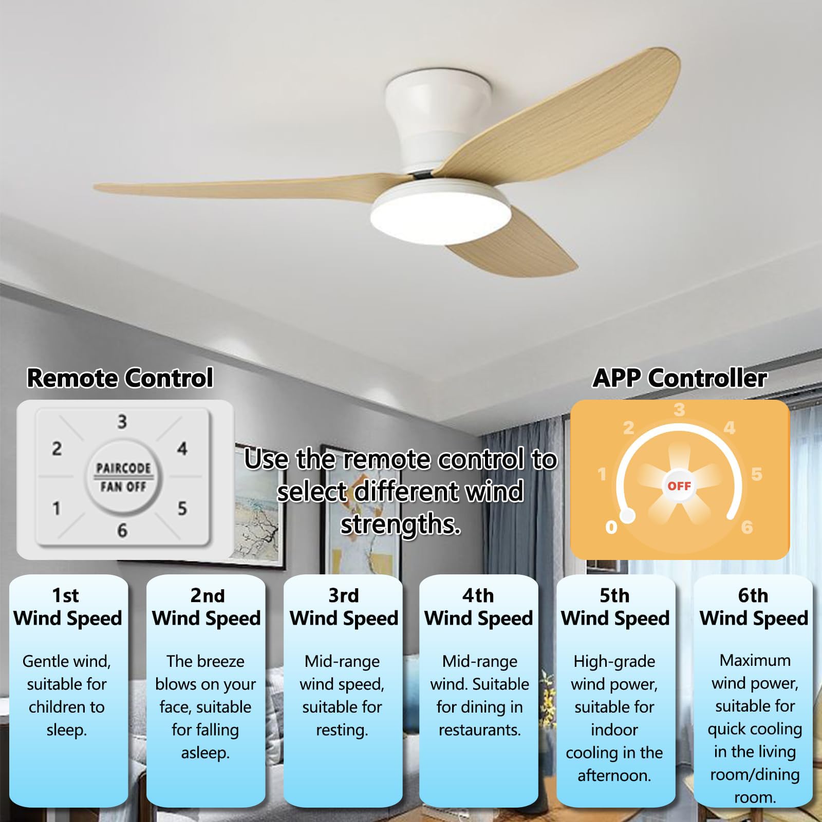Deckenventilator mit Beleuchtung und Fernbedienung APP-Kontrolle 30W LED Dimmbar 3 Farbtemperatur 107cm 3 Flügel 6 Geschwindigkeiten Timer