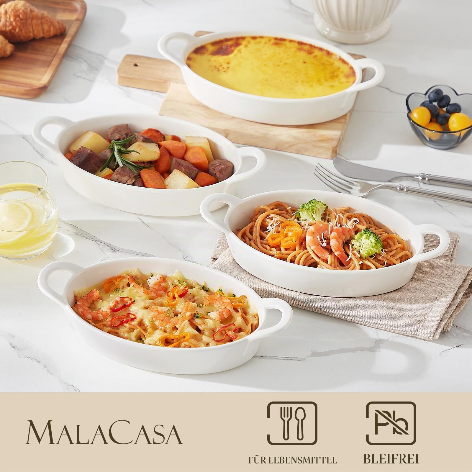 MALACASA Auflaufform Klein 4er Set, 600ML Auflaufform mit Griffen, Ovale Auflaufformen aus Keramik, kratzfest & robust, Kleine Backform für Lasagne, Gratin, Pasta, Desserts & mehr, Weiß