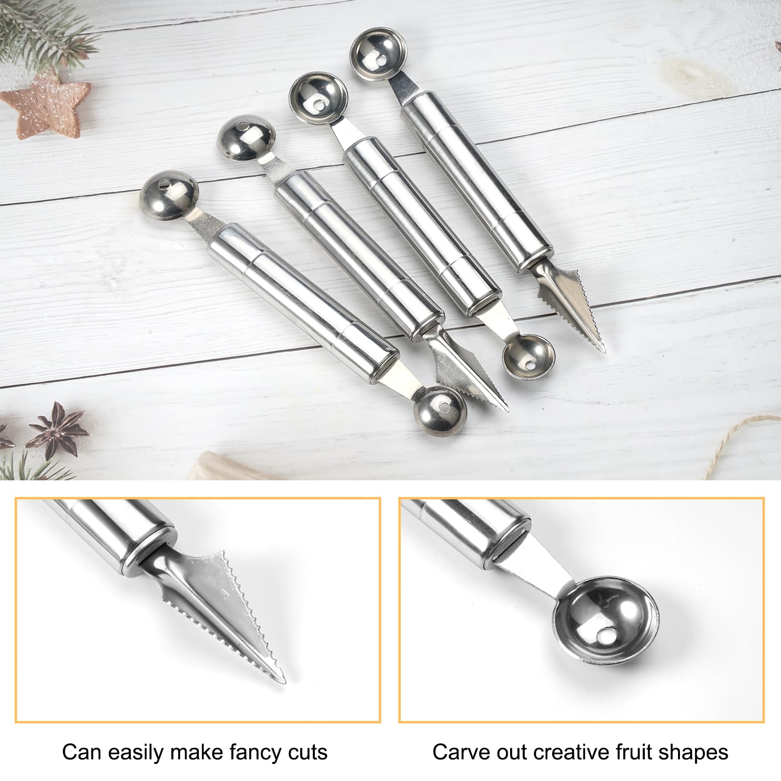 Set 4 Pezzi Strumenti Per Intaglio Frutta E Verdura - Cucchiaio E Coltello Doppia Palla In Acciaio Inox