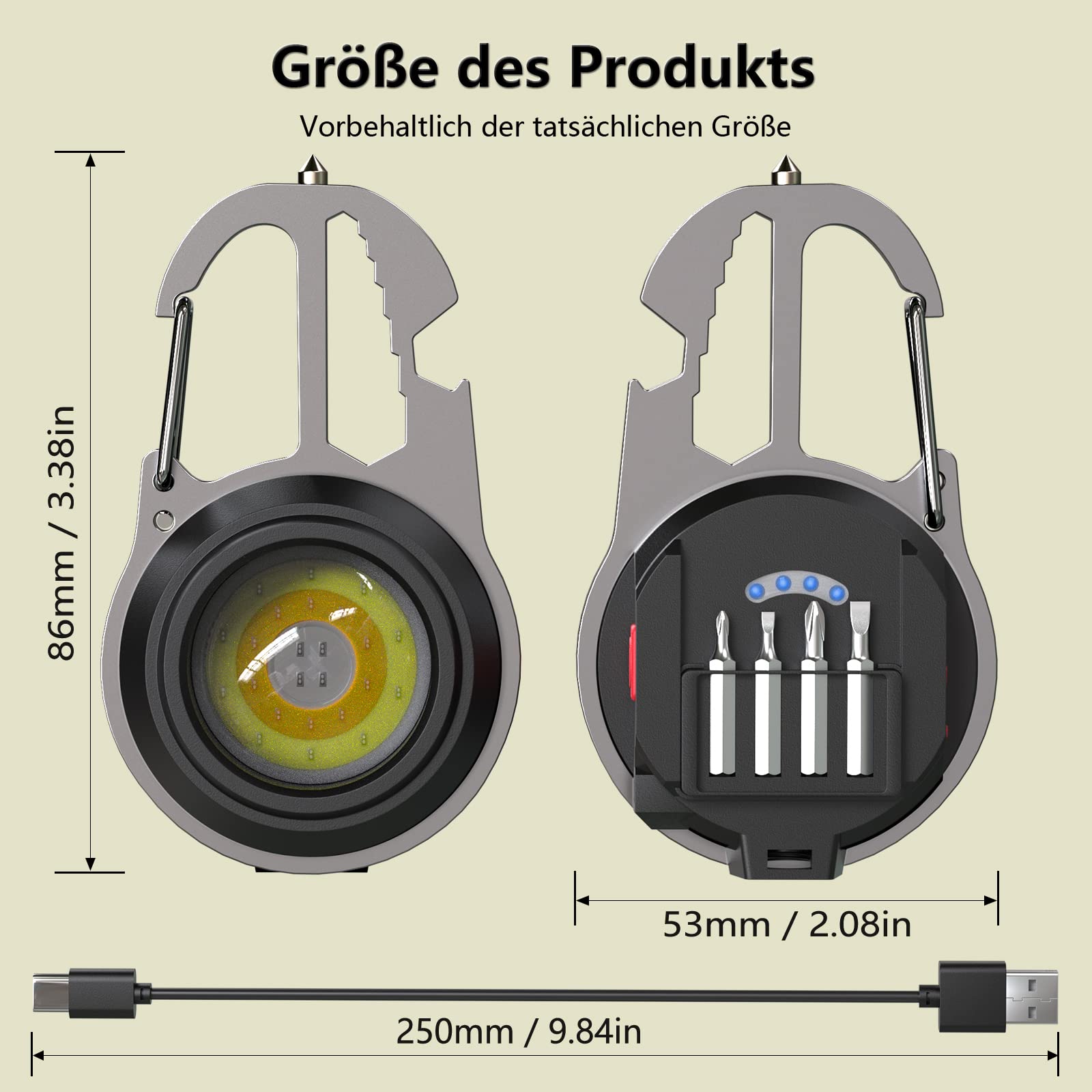 Mini torcia a LED, COB portachiavi, luce di lavoro, luce di emergenza, ricaricabile, 800 lumen, 7 modalità USB, luce di ispezione portatile con cacciavite per campeggio, emergenza, riparazione