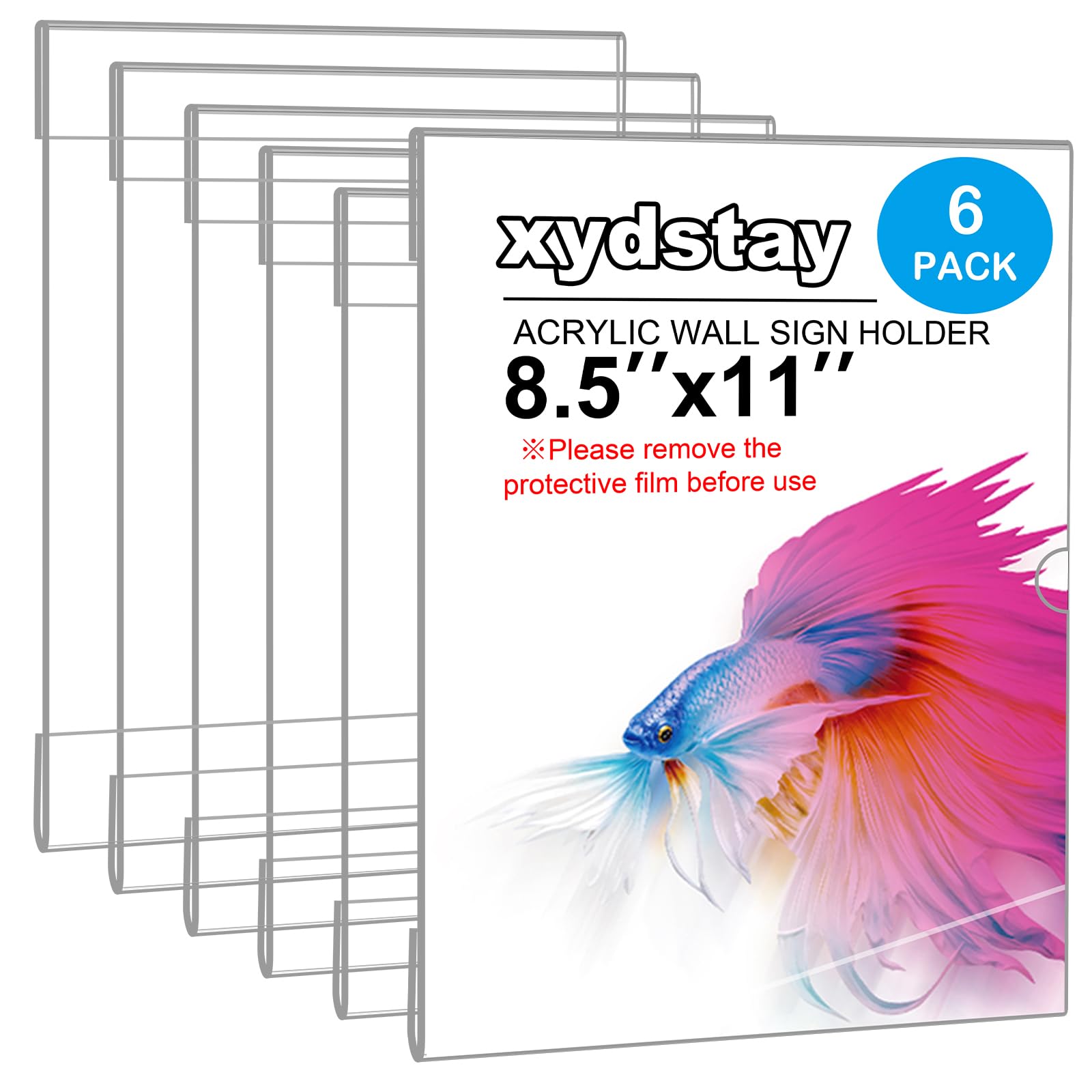 xydstay 6pack Acrylic Wall Sign Holder with Tape,8.5 X 11 Wall Mount Clear Plastic Sign Holder, Memo Document Menu Holder for Restaurant, Office, School, Store and Home Use,No Drilling