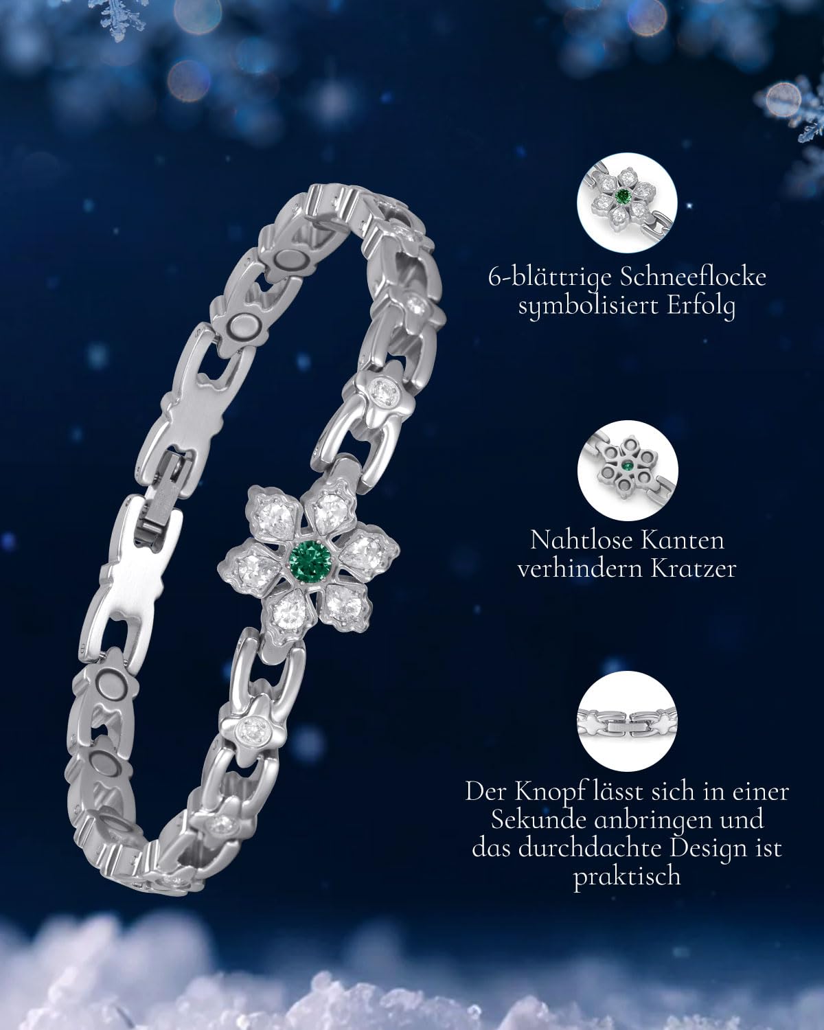 RainSo Bracelet magnétique pour femme | Bracelet en acier inoxydable avec motif flocon de neige | Décoré avec pierres précieuses et cristaux vert foncé | Outil et boîte cadeau inclus