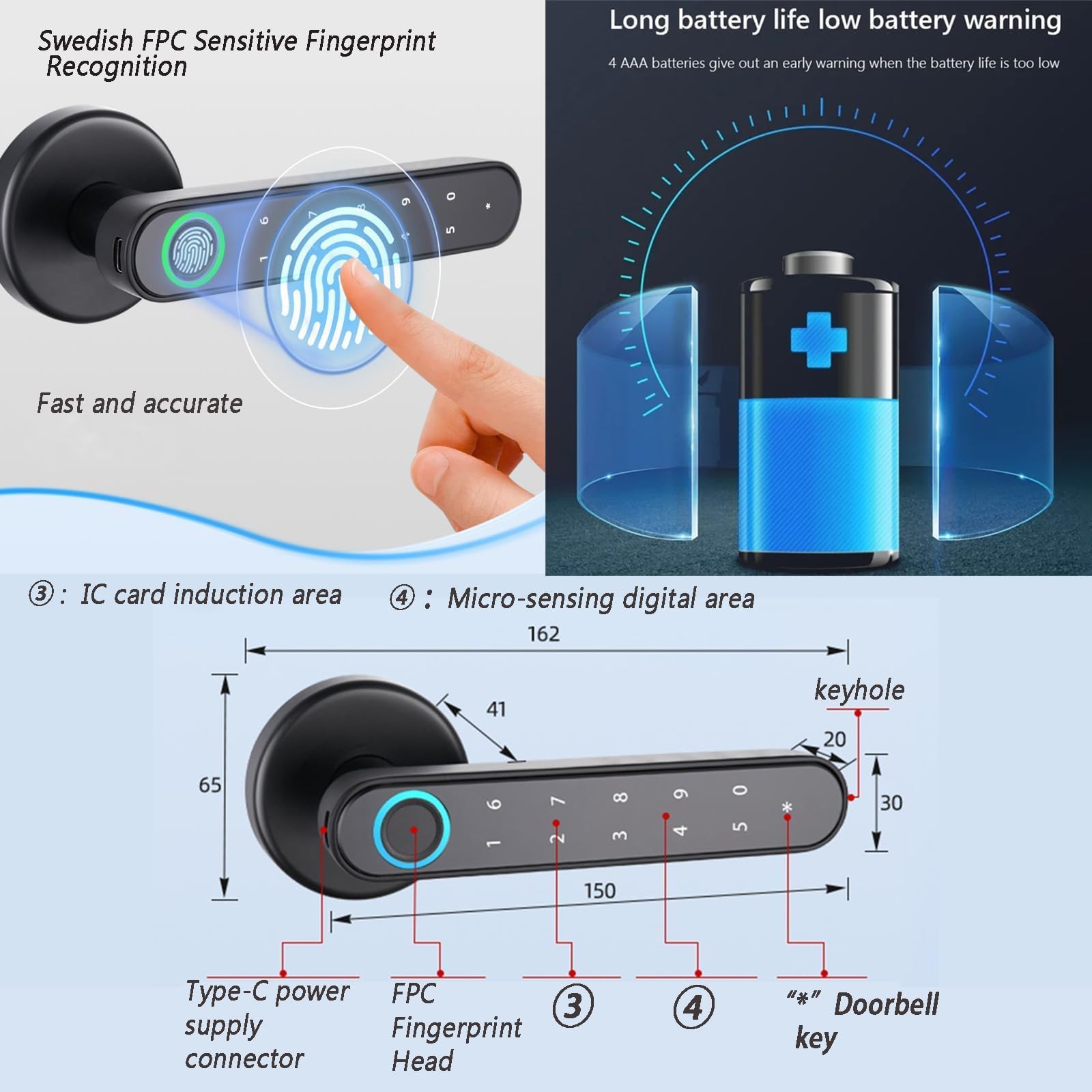 Serrure Biométrique 9 en 1 avec Clavier Tactile et Fonctions Intelligentes - Empreinte Digitale - Convient aux Portes d'Entrée, aux Maisons, aux Bureaux (Noir)