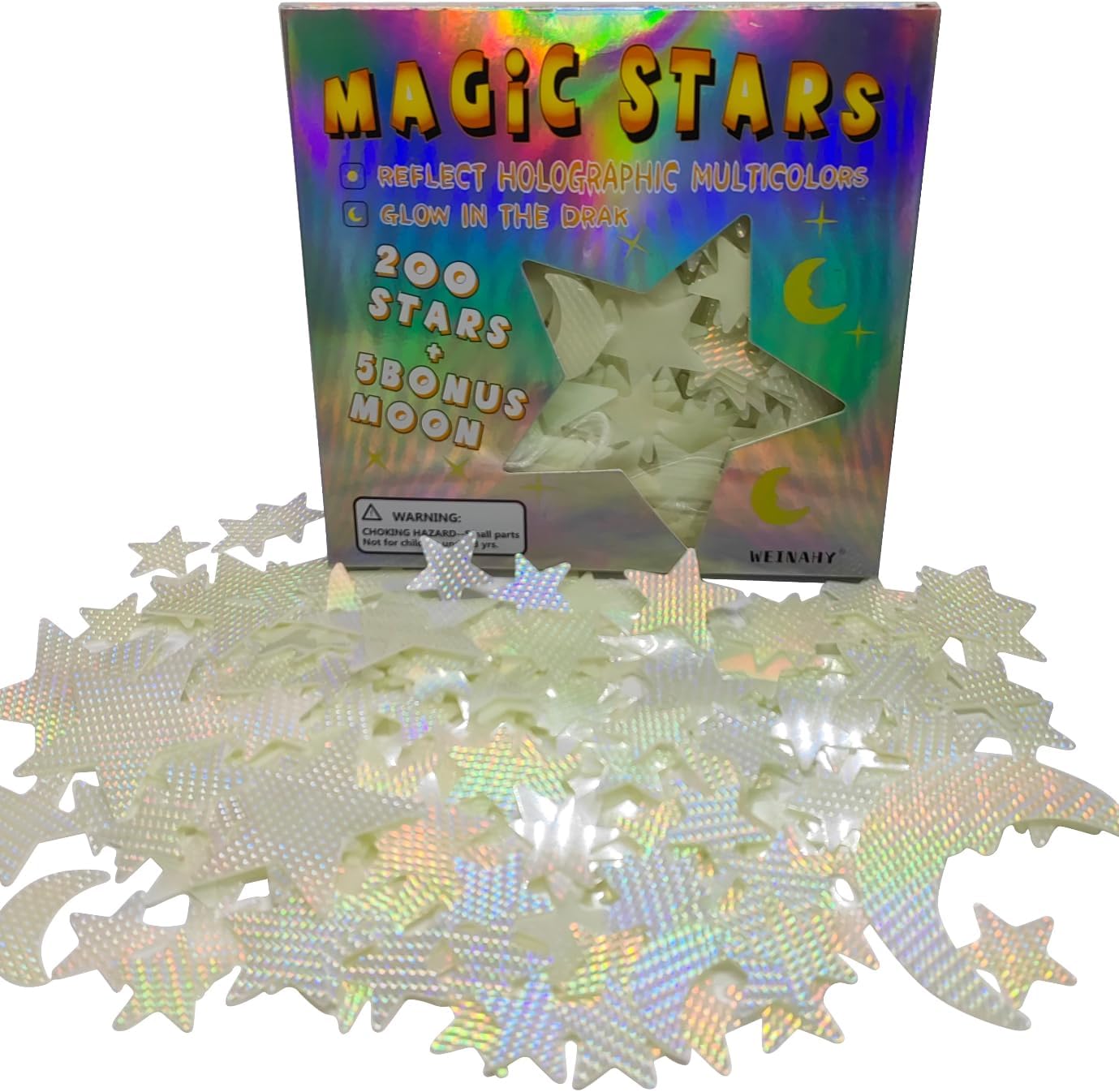 3D Magic Stars - Display Holographic Colors Under Light Source and Glow in The Dark After Absorb Light Source, Glow in The Dark Stars for Ceiling, Wall Stickers Decal
