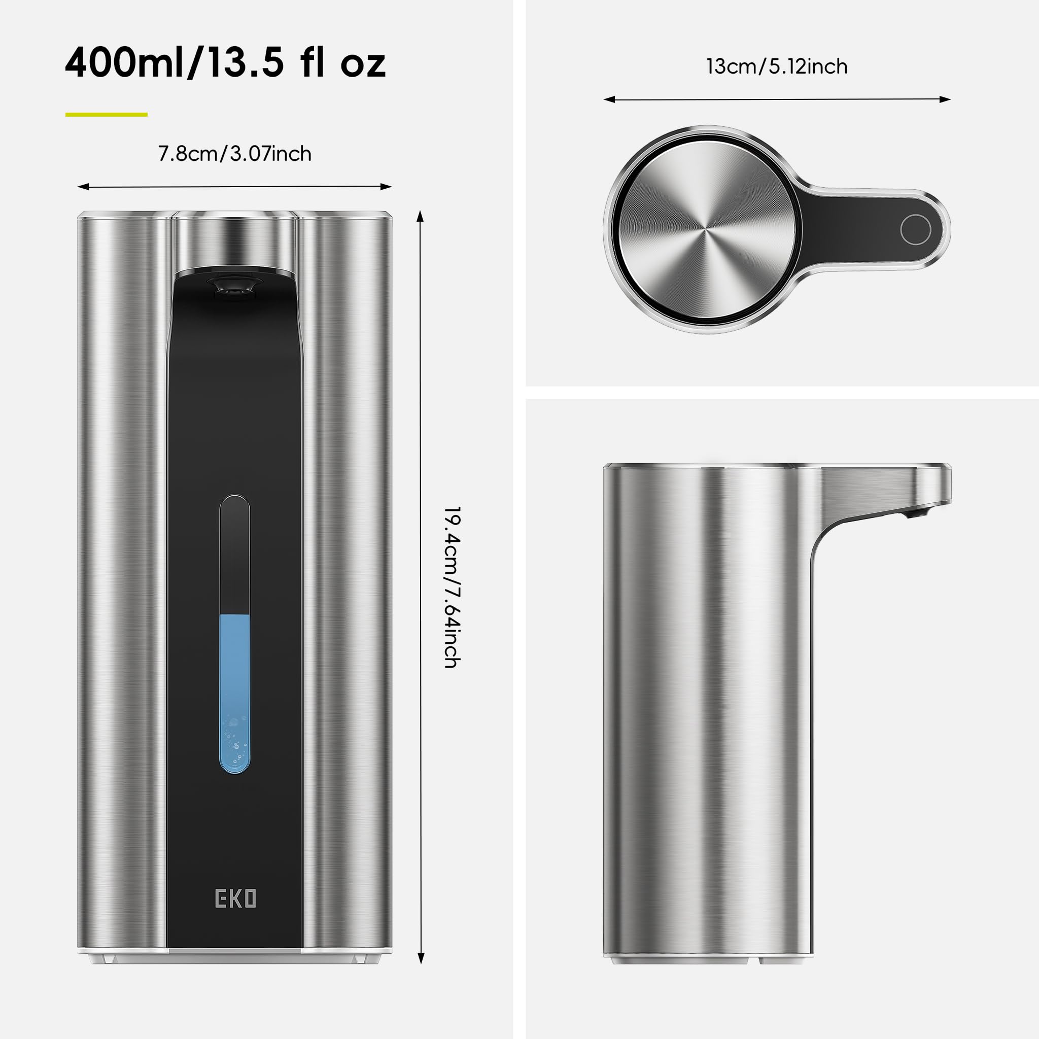 EKO Aroma Pro 400ml Seifenspender Automatisch, Variable Dosierung, magnetisch aufladbar, elektrischer Flüssigseifenspender für Bad & Küche, IPX7 wasserdicht, Edelstahloberfläche