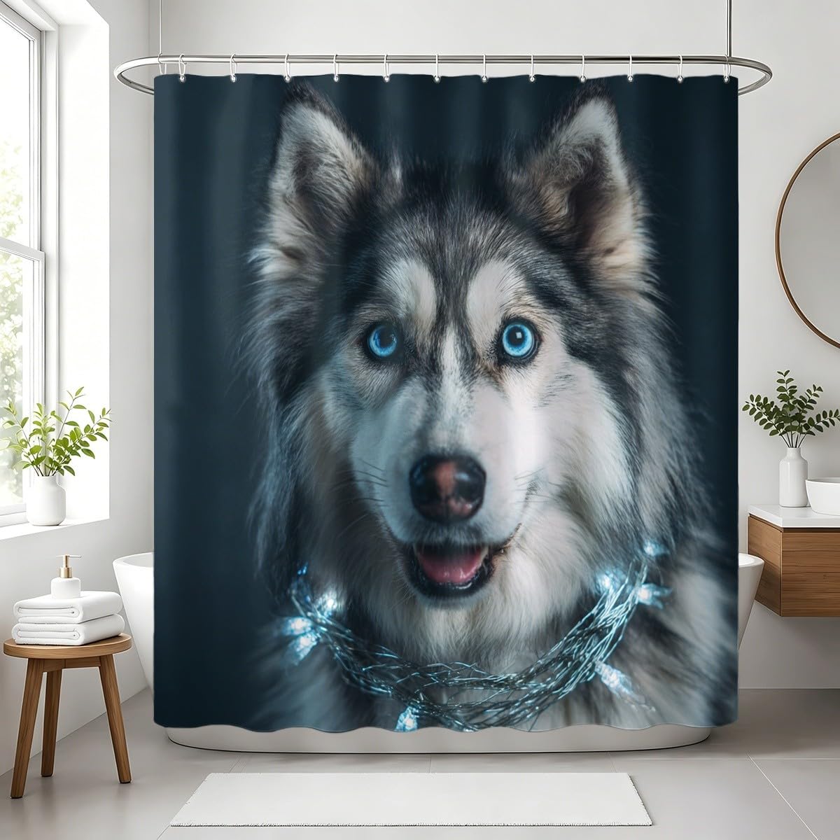Cane Animale Tenda da Doccia 240x200 cm Poliestere Antimuffa e Lavabile | Carino Fantasia Husky Impermeabile Facile da Pulire Asciugatura Rapida per Vasca da Bagno e Box Doccia