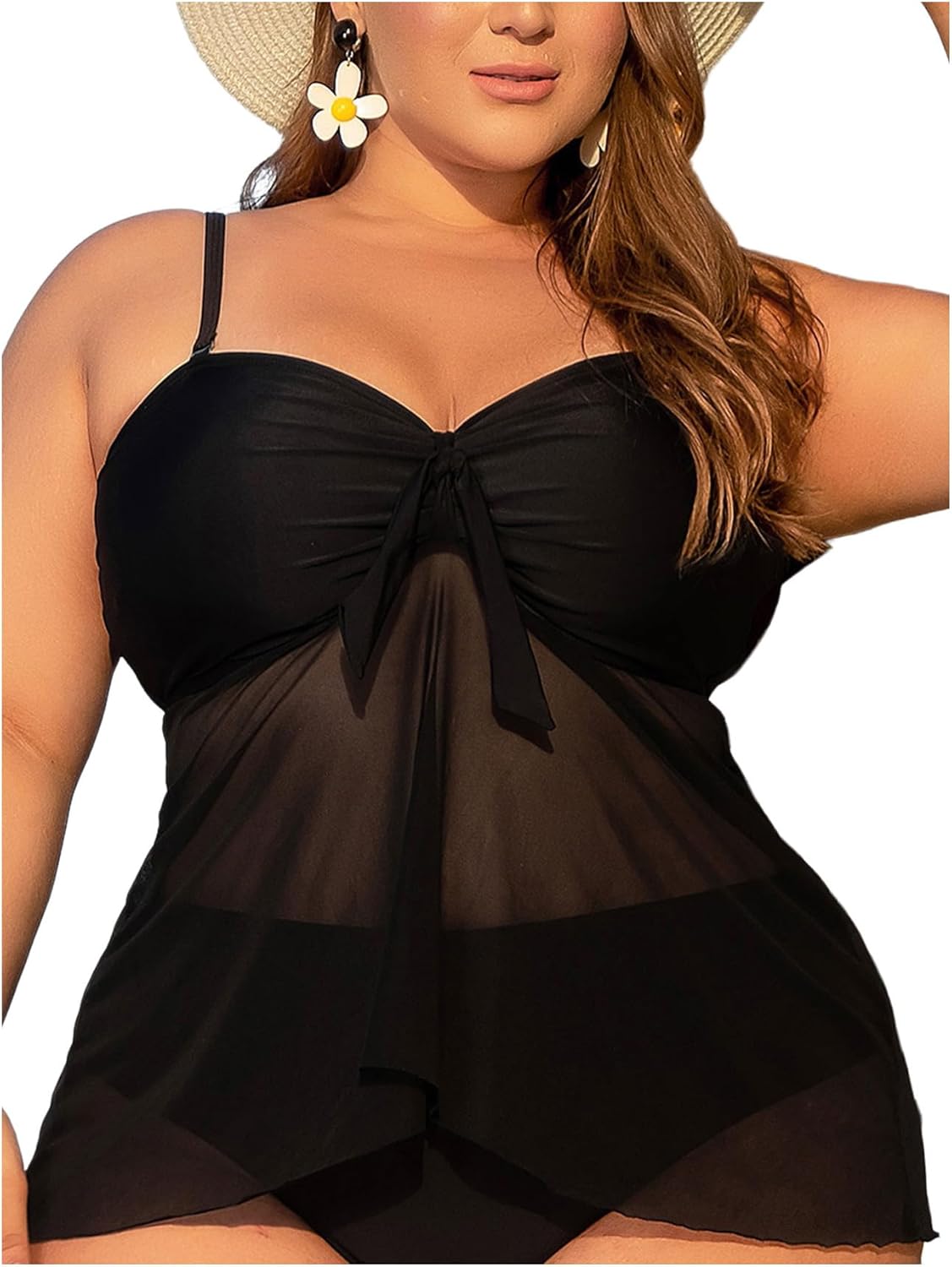 WDIRARA Women's Plus Size Knot Front Mesh Tankini Top Flowy Swimsuit Top Only