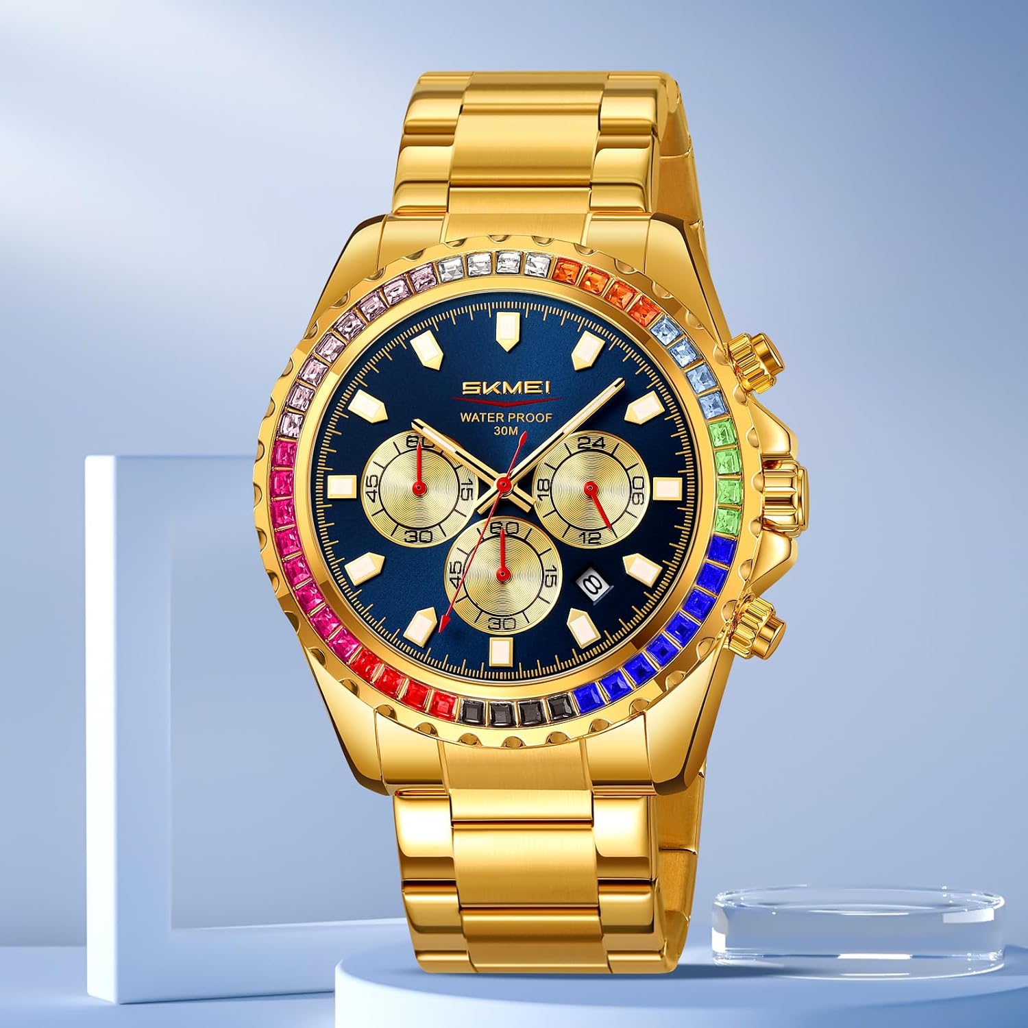 Mens Luxury Wrist Watches Luminous Chronograph Analog Quartz Stainless Steel Fashion Waterproof Watch