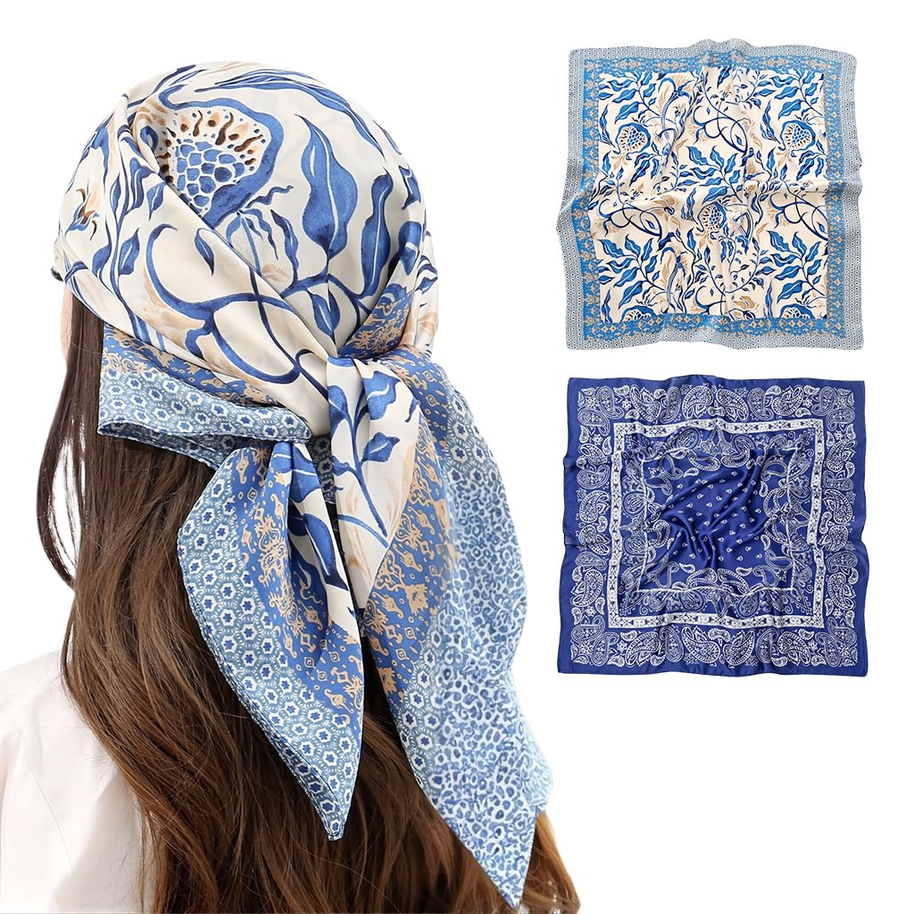 Head Scarf for Women Stylish - Ice Silk Hair Scarves with Vintage Inspired Prints for Sleeping, Hair Protection, and Multipurpose Styling Options (27.5in, 2 Pack)