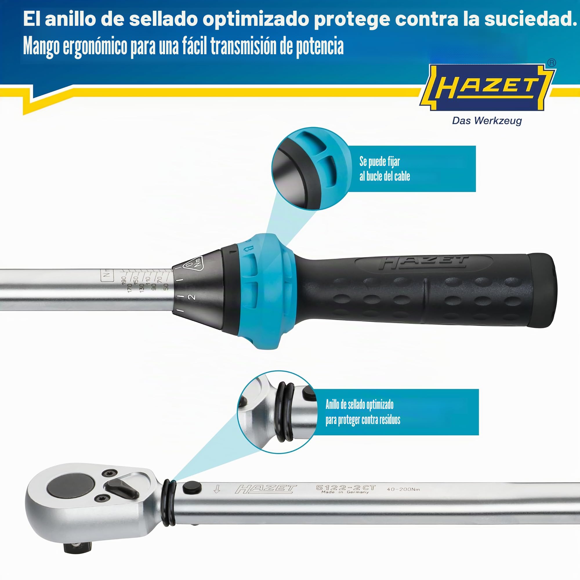 Hazet Llave dinamométrica 5122-2CT I Salida: cuadrado 12,5 mm, 1/2 pulgada, tolerancia: 4%, 32 dientes I Carraca reversible para coche y bicicleta I 519mm
