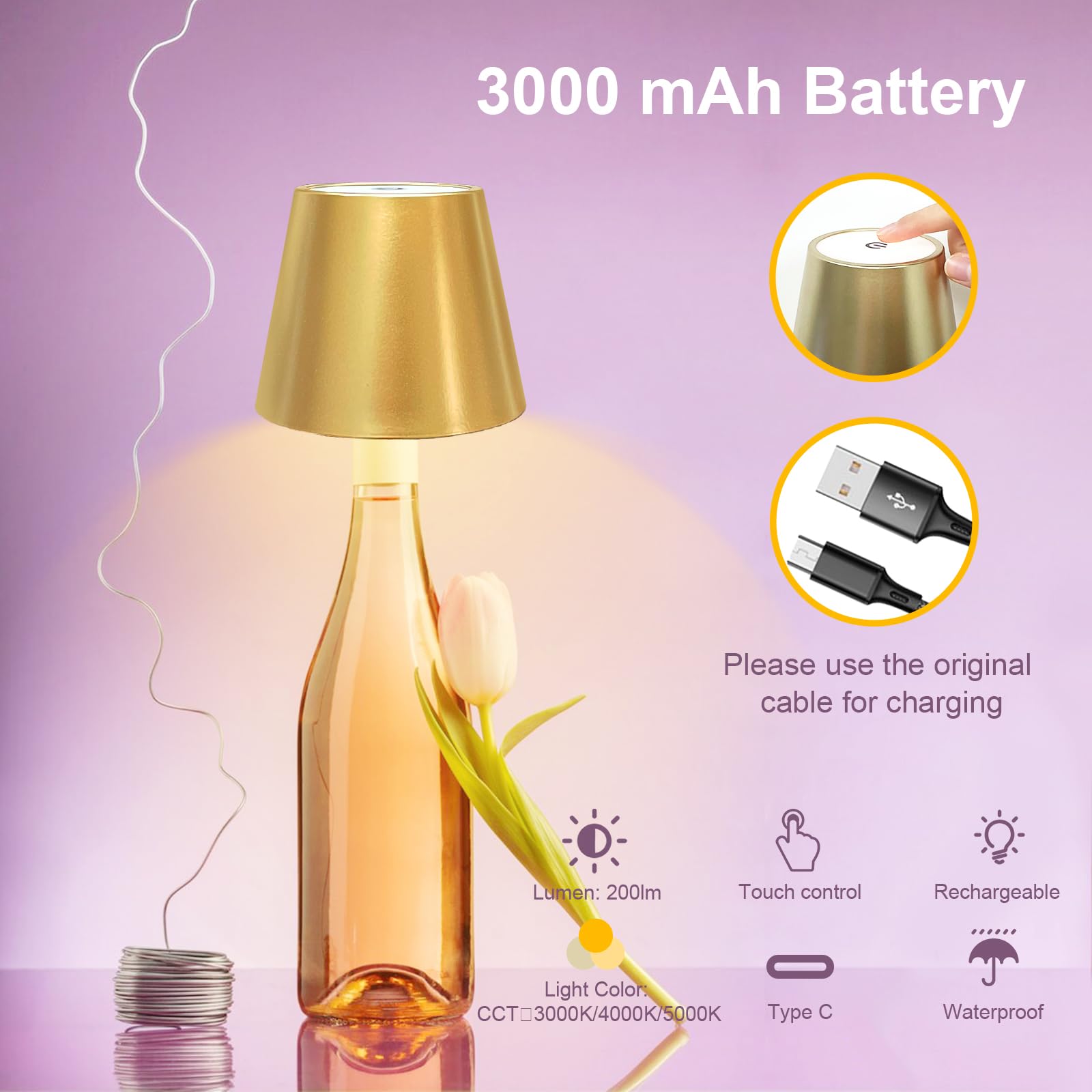 ANTELA Tischlampe LED Kabellos Dimmbar, Goldene, 2 Stück | Innen/Außen, 3000K/4000K/5000K, Auswechselbarer Lampenschirm, USB-C