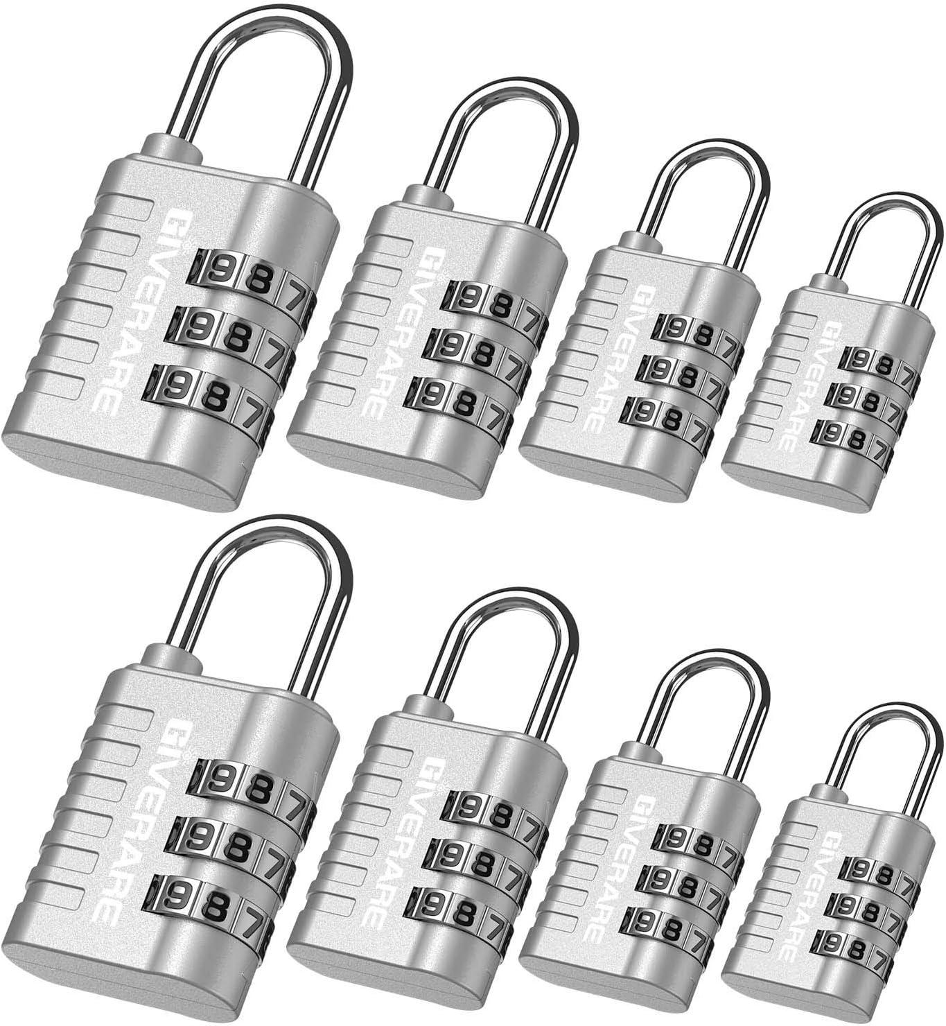 GIVERARE 8 Pack Combination Lock, 3-Digit Padlock Keyless, Resettable Luggage Locks for Backpack, Gym & School & Employee Locker, Weatherproof Travel Lock for Fence, Backyard Gate, Hasp, Case-Silver