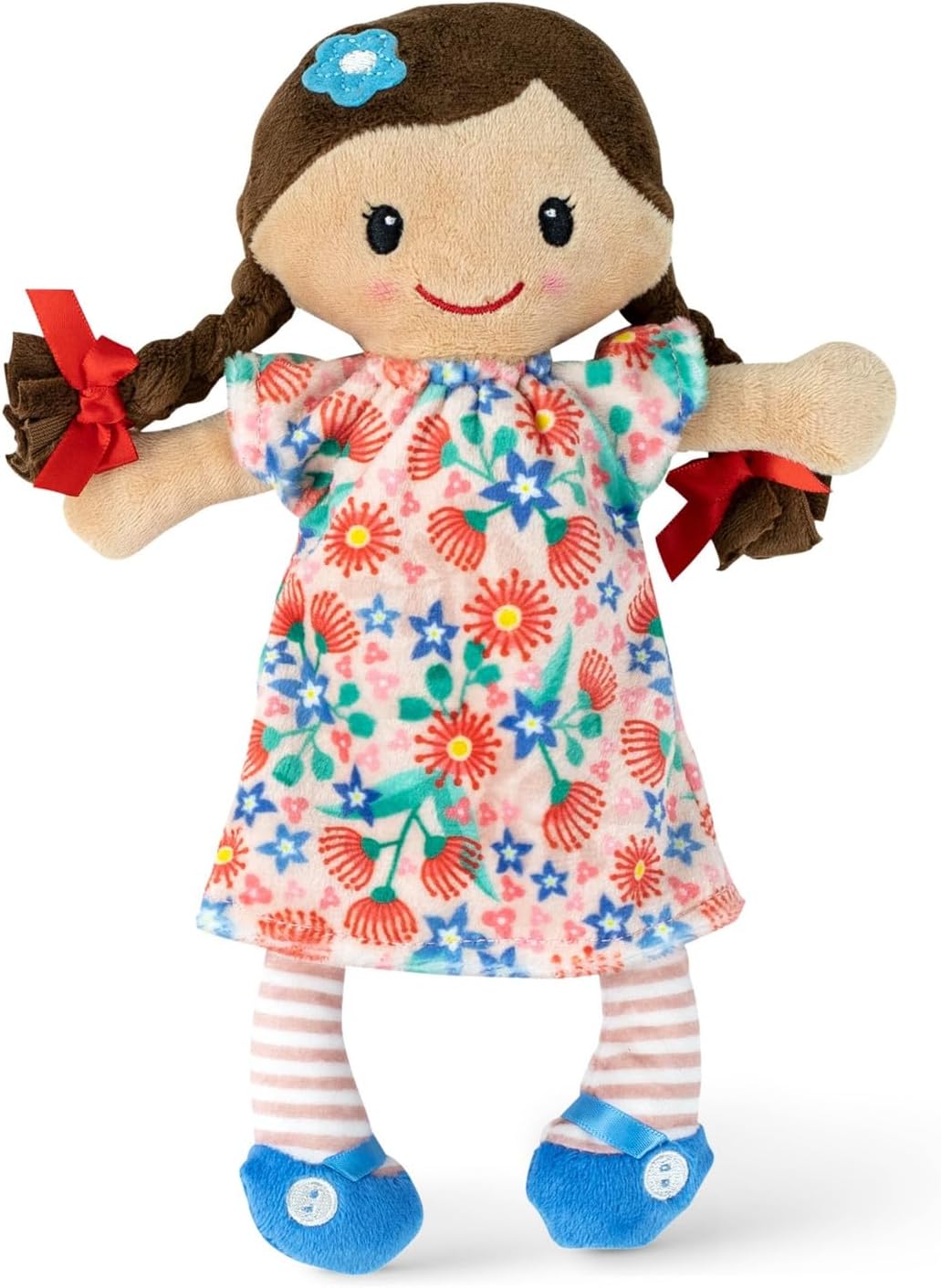 Tiger Tribe Matilda 10-Inch Rag Doll - Soft Velboa Brown Hair Flower Dress Cuddly Toy for Newborns Toddlers Safe Non-Toxic Machine Washable