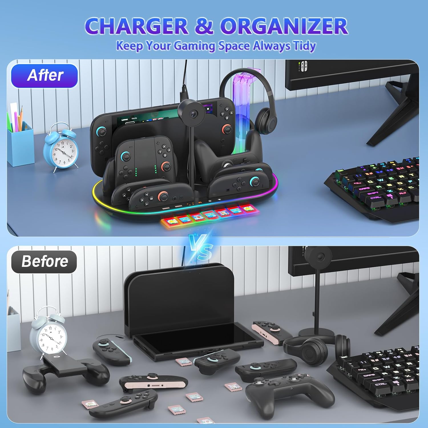 Charging Station for Switch 2 with Cooling Fan DOBEWINGDELOU Controller Charger for JoyCons and Pro Dock Stand with RGB Light 2 USB Ports 7 Game Card Slots LED Indicators - Image 5