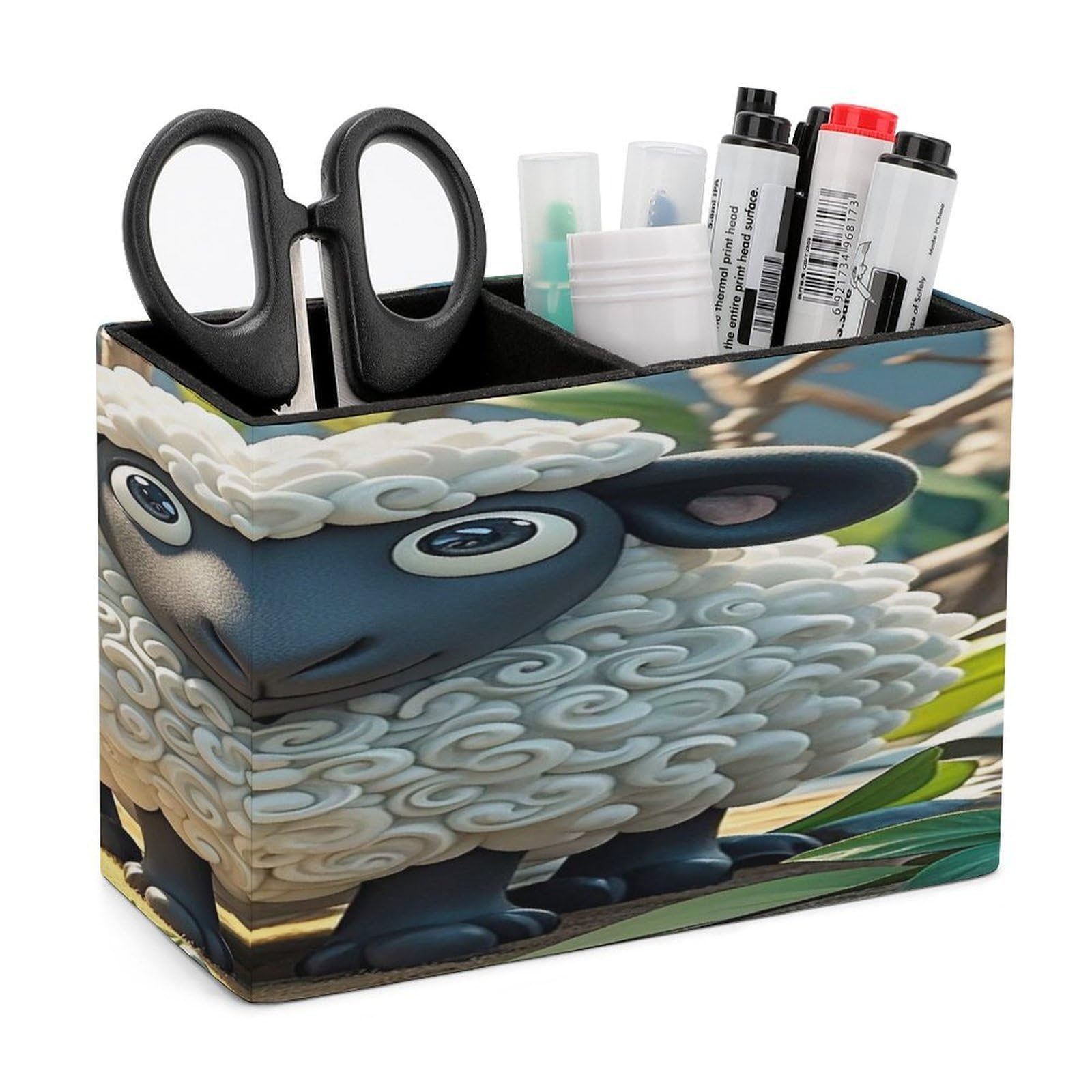 LZQPOEAS Cartoon Black White Sheep Leather Pen Holder with 2 Compartments Luxury Pencil Holder Minimalist Pencil Cup Brush Scissor Holders Elegant Pen Cup for Office Home Desk Accessories