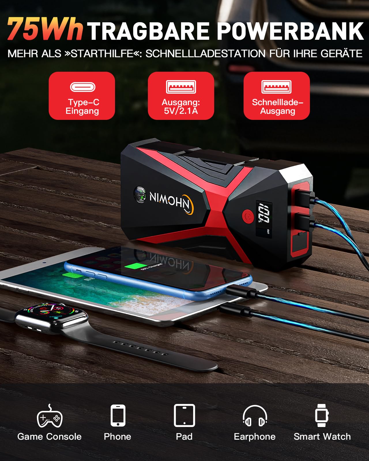 4000A Starthilfe Powerbank für Pkw 12V, 20000mAh Auto-Starthilfe mit LED