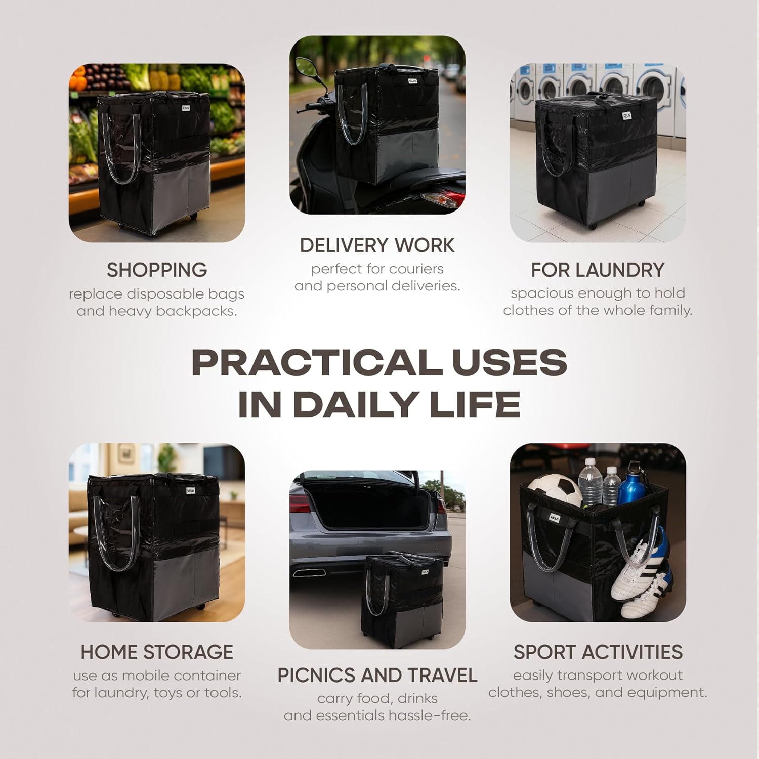 KELN Rolling Tote Bag with Wheels – Heavy Duty Foldable Shopping Bag with Handle – Reusable Grocery Bag on Wheels