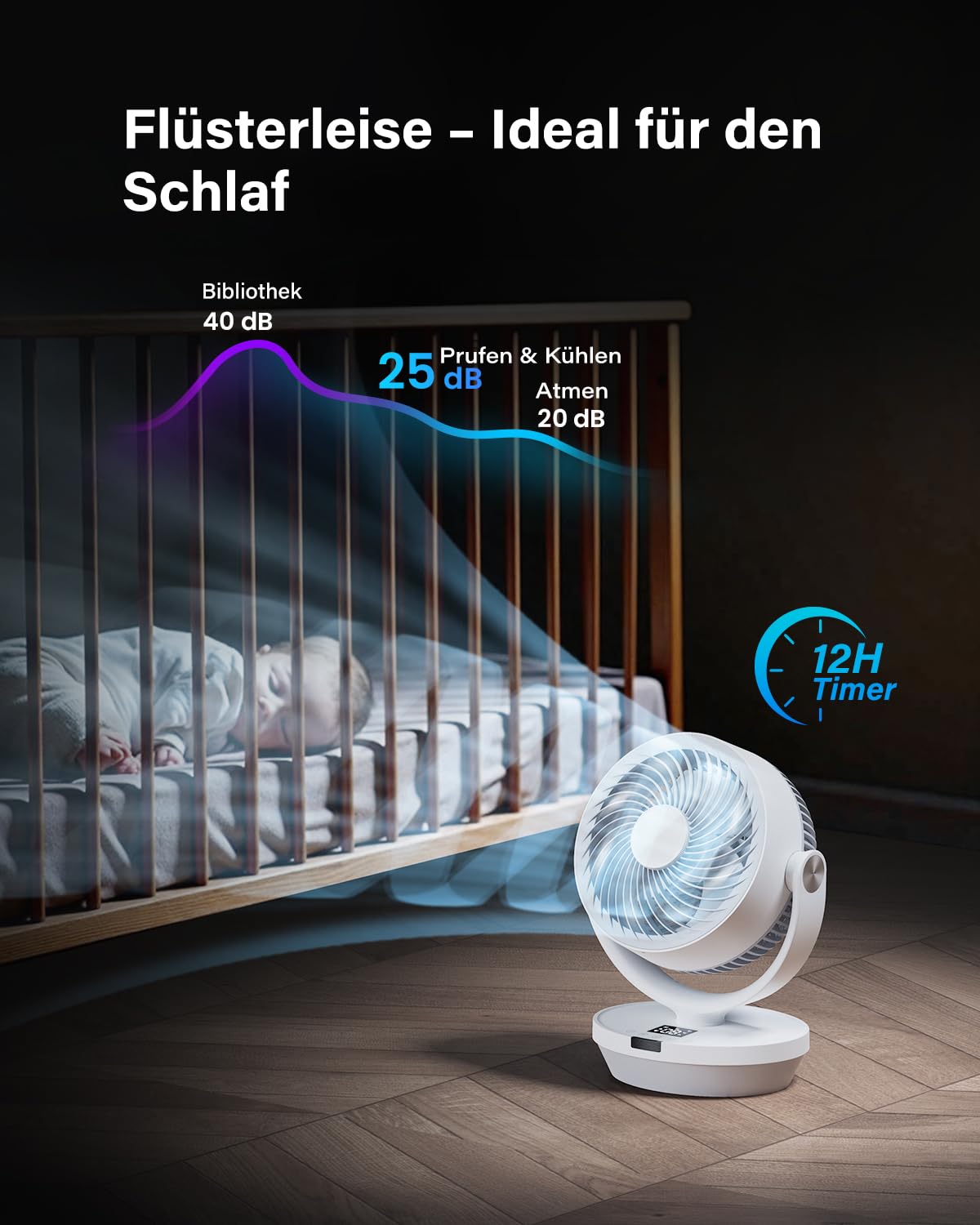 Tischventilator Leise für Schlafzimmer Büro 25dB, 33CM Ventilator mit Fernbedienung, Turbo Luftzirkulator, 120° vertikal manuell + 90° oszillierender, 4 Geschwindigkeitsstufen, 4 Modi, 12H Timer