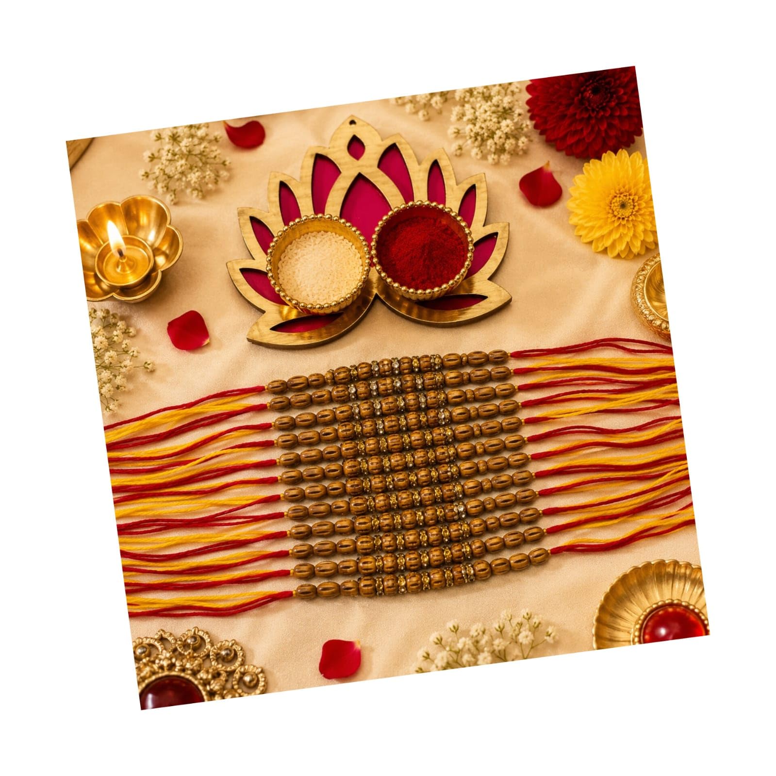 set of 12 traditional wooden look pearl rakhi for bhaiya with wooden lotus plate and roli chawal pack, elegant red and yellow moli thread rakshabandhan bracelet gift combo for brother