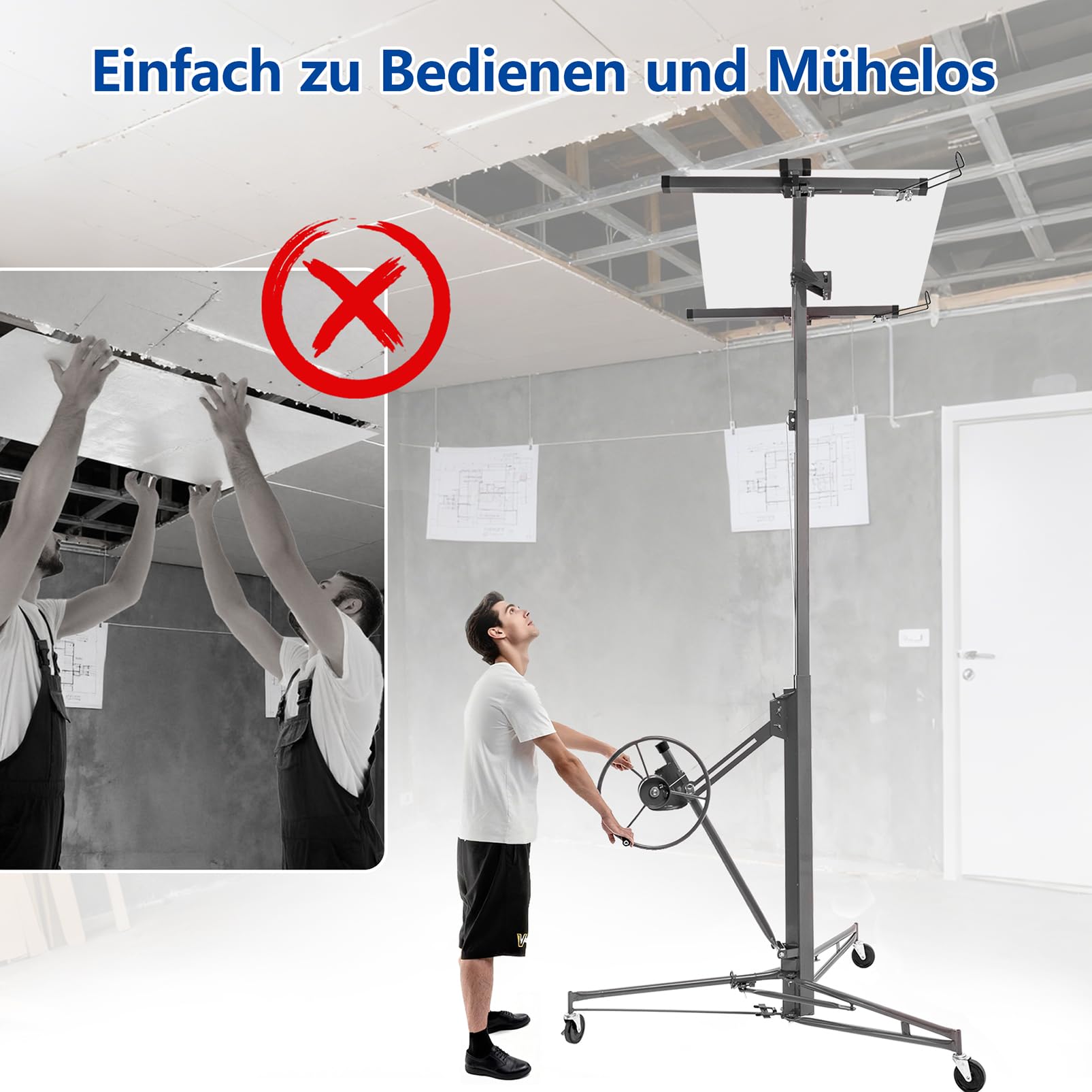 Elevador Placas de Yeso, Pladur Profesional, Herramientas para Pladur, Plataforma Elevadora, Maquina de Pladur, Caballete Extensible,Altura de Trabajo Regulable de 140-350 cm, Carga 68 kg