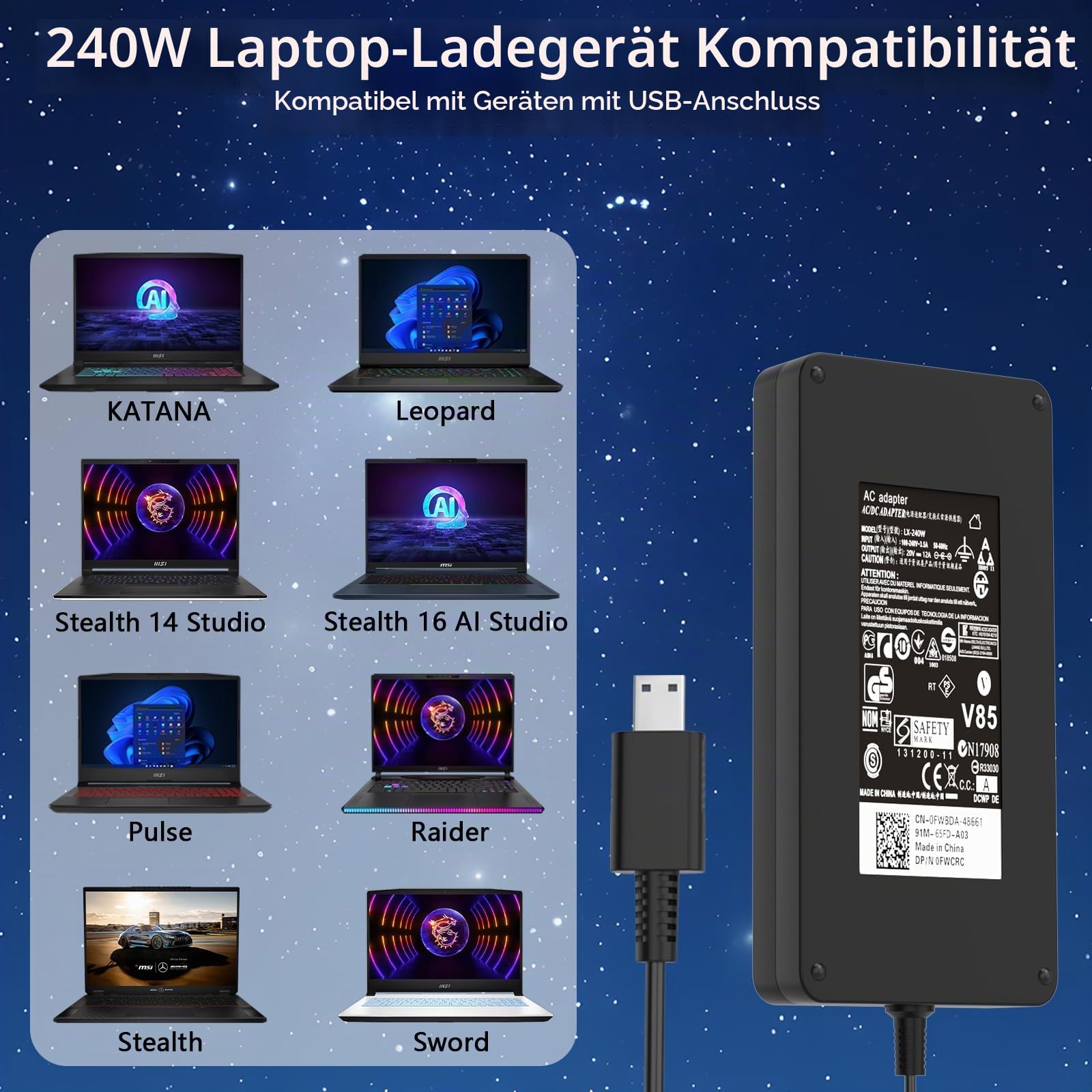 240W 230W Laptop Netzteil für Msi Stealth A16 17 AI+ GS77 Studio Ladegerät | für Mercedes Creator Pro Z16 Z16HX Z17 Z17HX A16 AI+ Studio GP66 GP76 Leopard/Vector GP77 GE66 Raider Alpha 17 WE76 Ladekabel