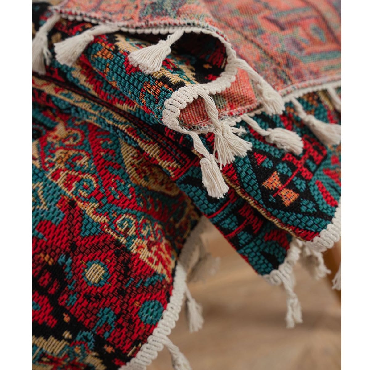 Bohemian Vintage Vorhänge Geometrisch Blickdicht Gardinen Rot Leinenoptik Boho Jacquard Baumwolle Vorhange mit Quaste Rod Pocket für Wohnzimmer Schlafzimmer 1 Stück B150×H240cm