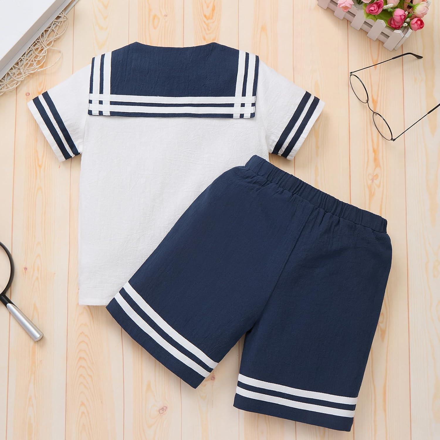 Toddler Boys Sailor Outfit,Cotton Nautical Shirt and Short Suit Set