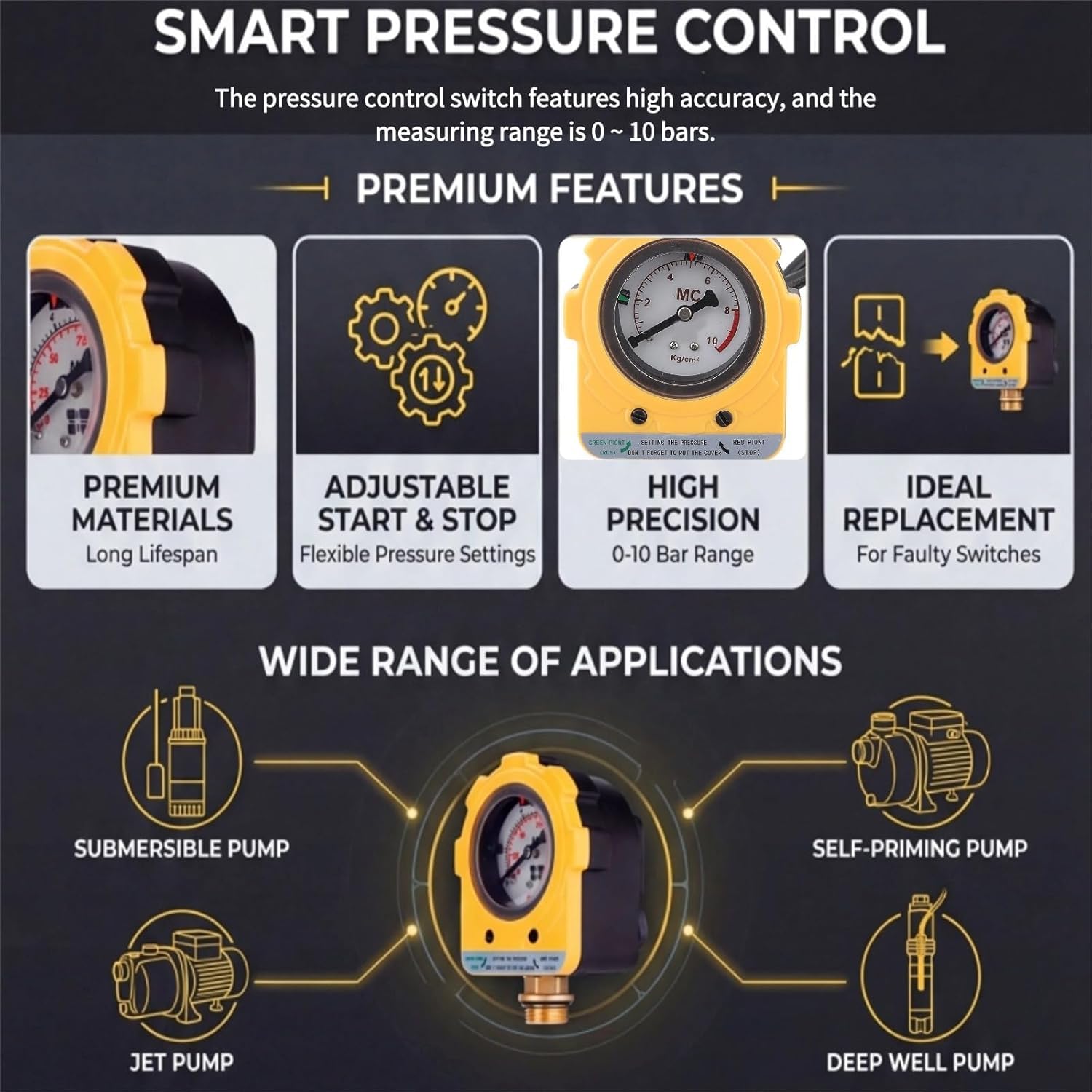 Regulador de Presión Para Bomba de Agua, Presostato Electrónico Ajustable, 220V Interruptor de control de presión a 10 bares para bomba sumergible de chorro profundo con cebado automático