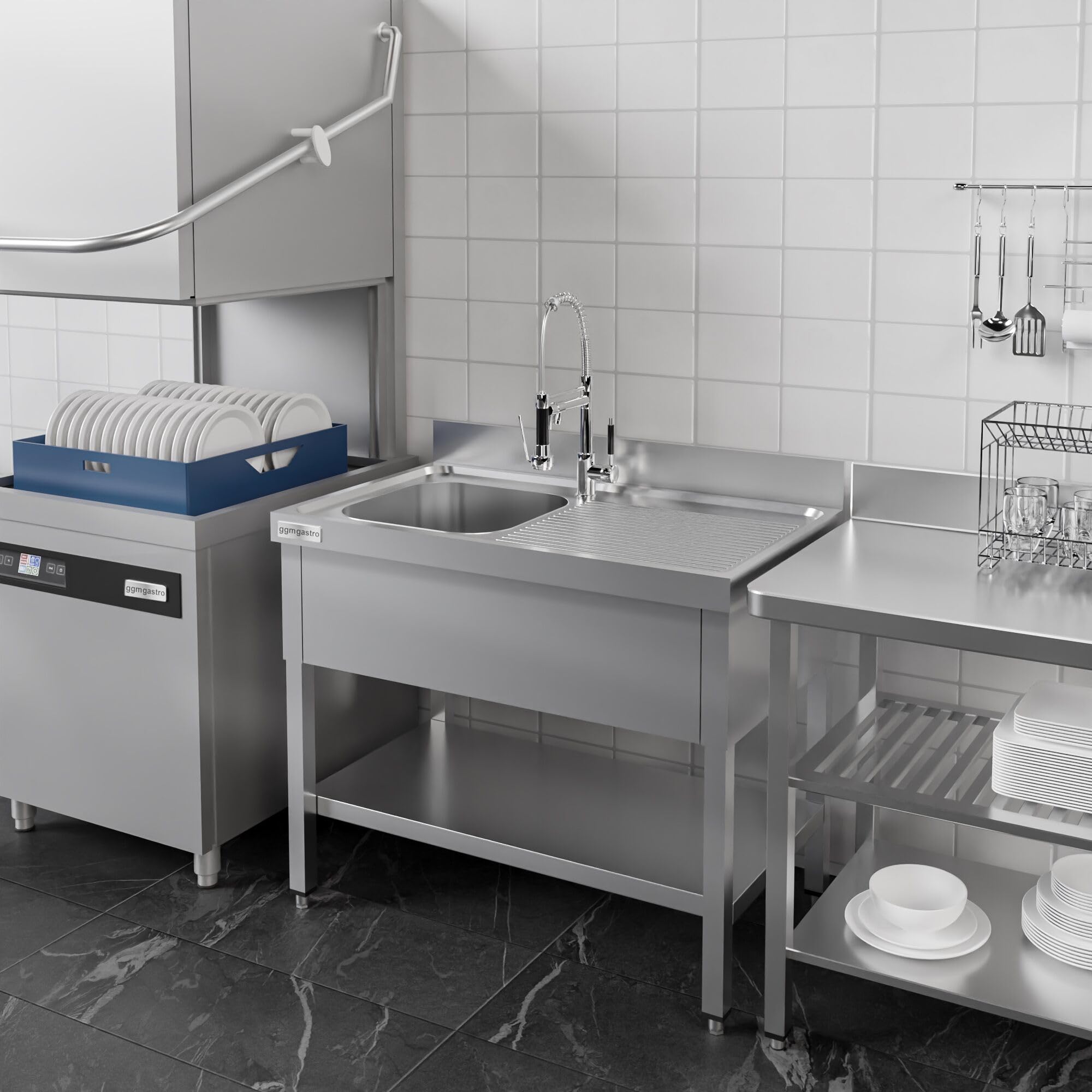GGM Gastro | STK126BL1 | Spültisch PREMIUM - 1200x600mm - mit Grundboden - mit 1 Becken links