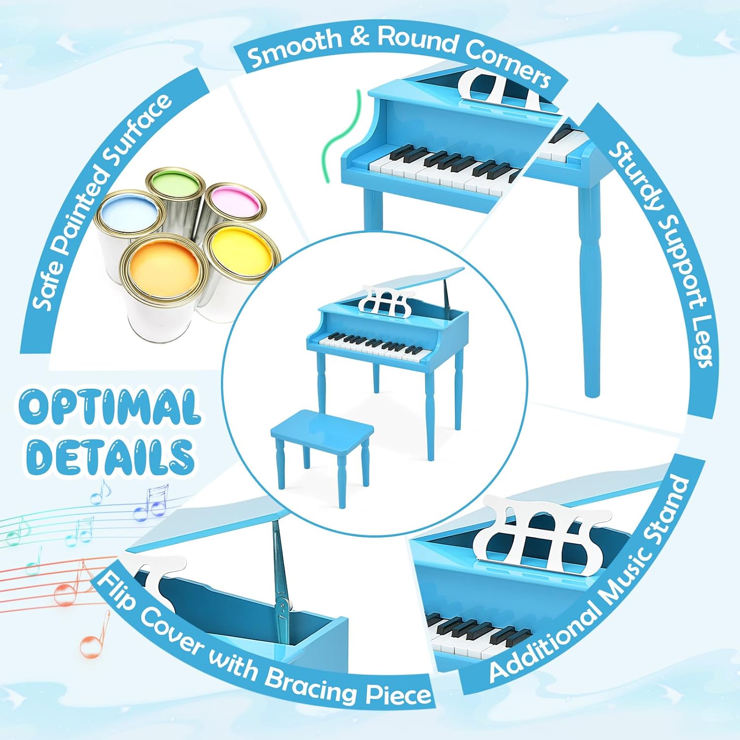 Goplus 30-Key Classical Kids Piano, Mini Grand Piano Wooden Learn-to-Play Musical Instrument Toy with Bench, Piano Lid, Music Rack, Gift for Boys Girls Aged 2+ Baby Toddler (4 Straight Leg-Blue)